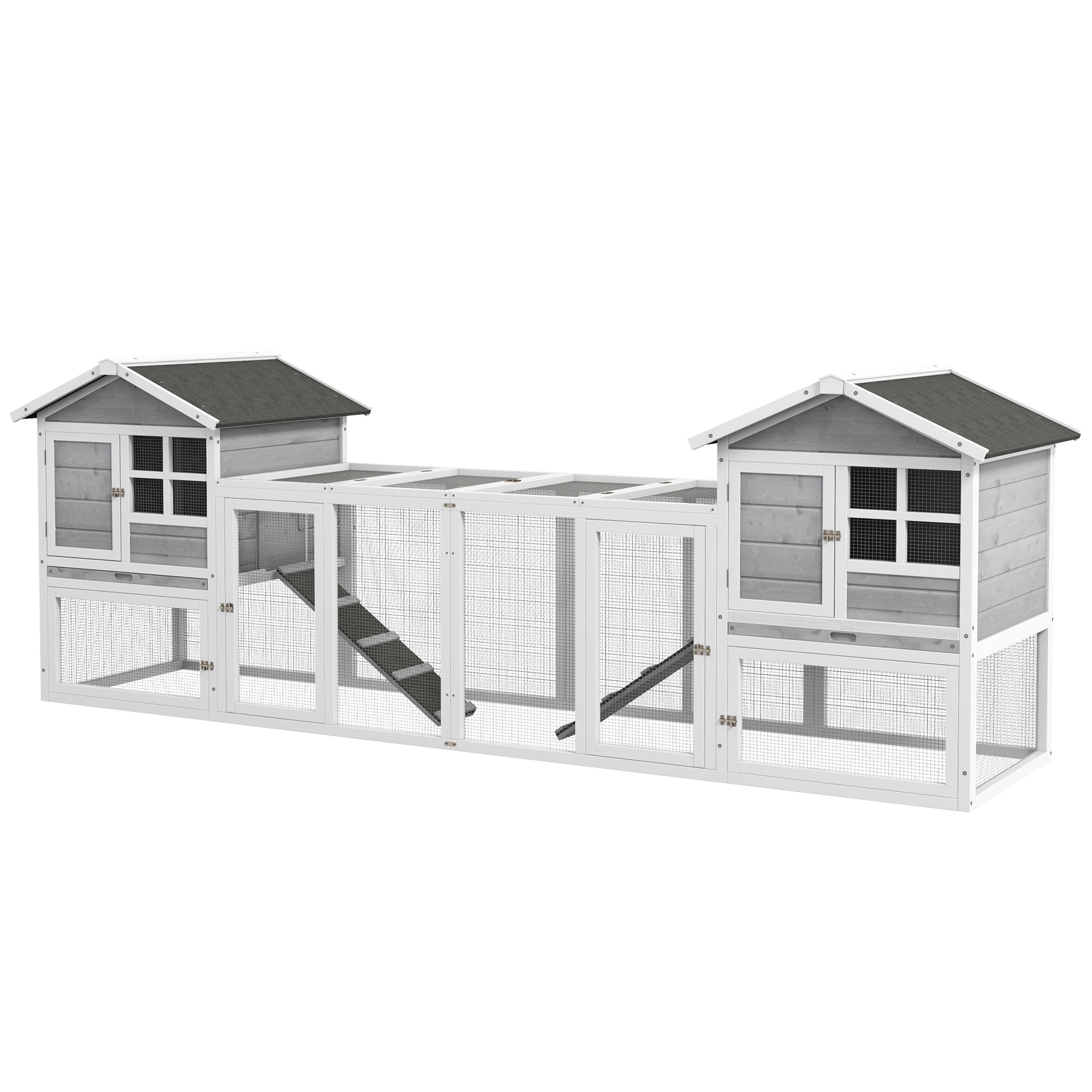 102" 2 in 1 Wooden Rabbit Hutch Chicken Coop with Double Main House, Large Bunny House Pet Playpen Enclosure for Indoor Outdoor with Run Box, Slide-Out Tray, Ramp, for Small Animals, Grey