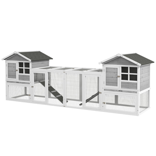 102" 2 in 1 Wooden Rabbit Hutch Chicken Coop with Double Main House, Large Bunny House Pet Playpen Enclosure for Indoor Outdoor with Run Box, Slide-Out Tray, Ramp, for Small Animals, Grey