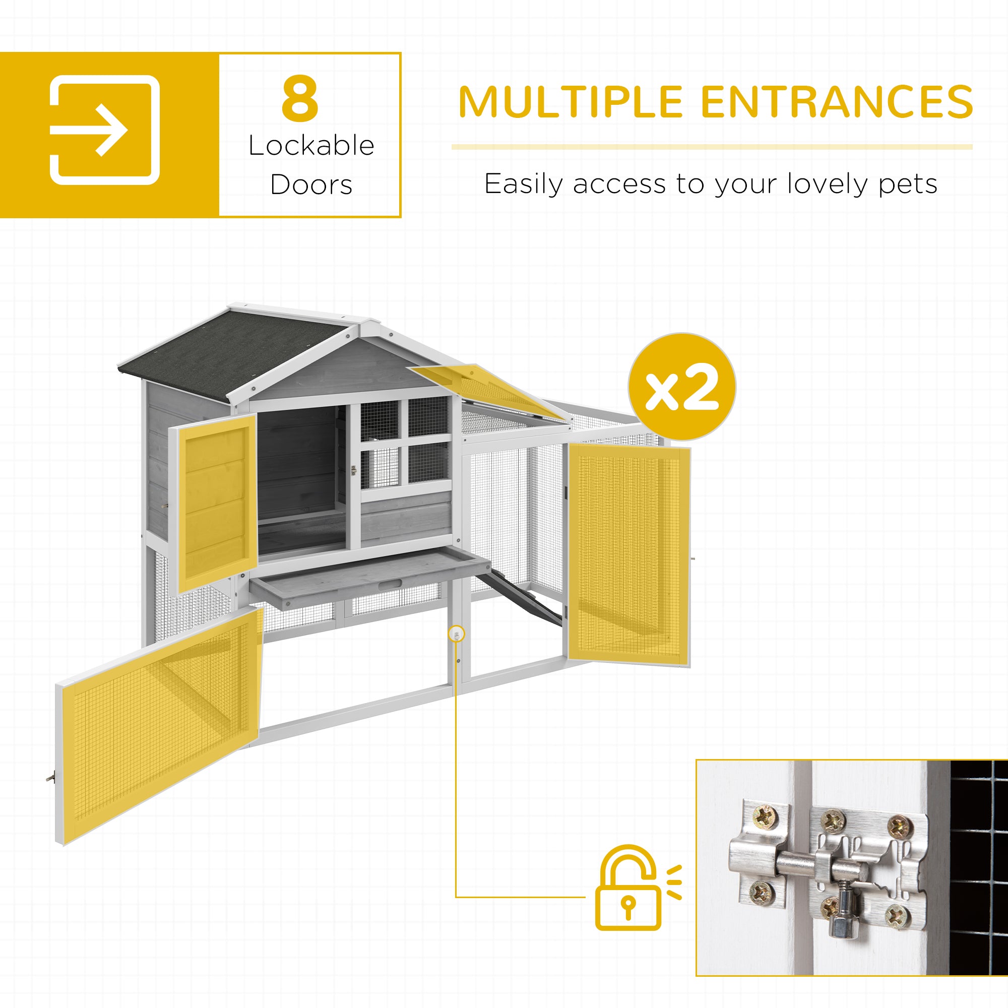 PawHut 102" 2 in 1 Wooden Rabbit Hutch, Double Main House Pet Playpen, Large Bunny House Enclosure for Indoor/Outdoor with 2 Run Boxes, No Leak Tray, and Ramp, for Guinea Pig and Small Animals, Gray