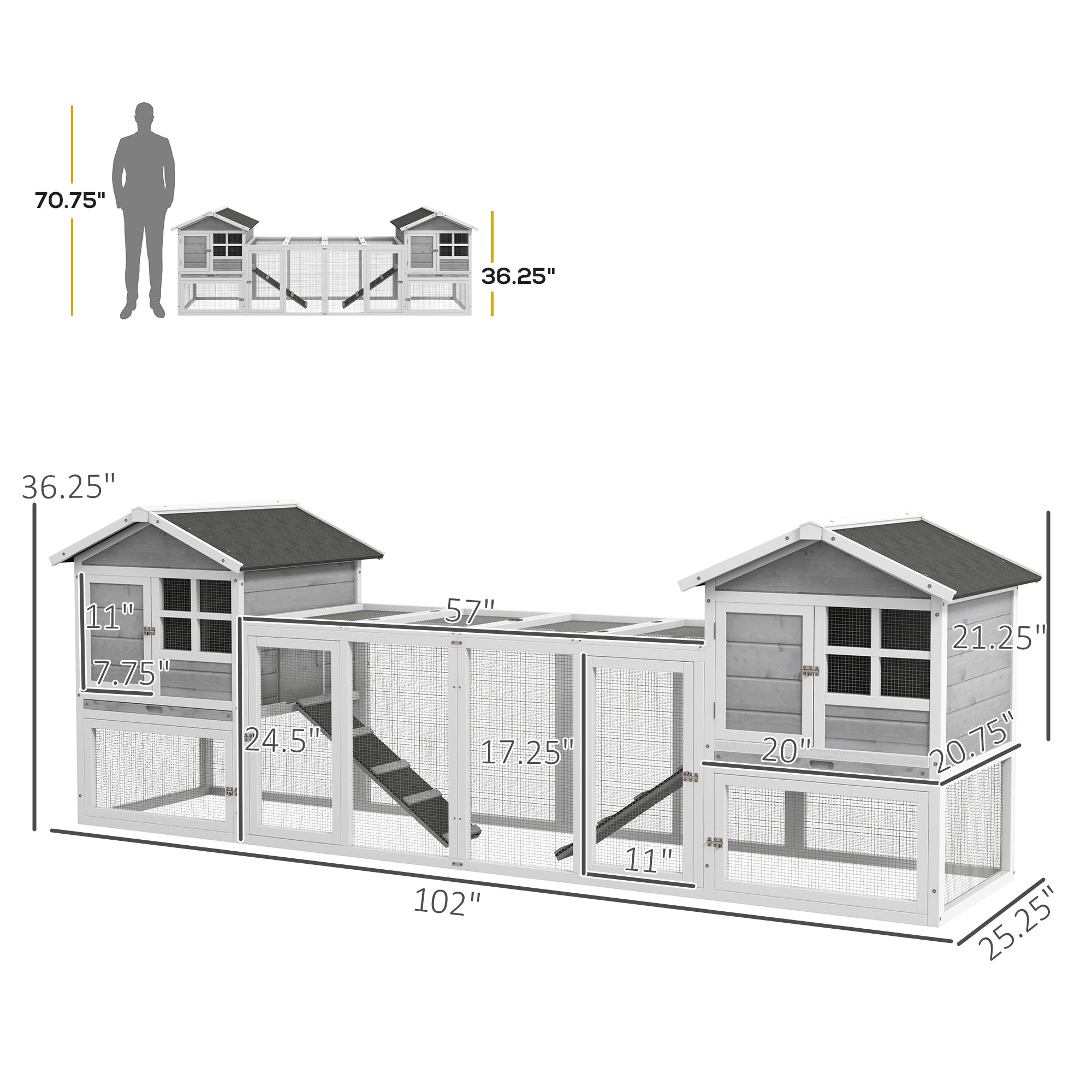 PawHut 102" 2 in 1 Wooden Rabbit Hutch, Double Main House Pet Playpen, Large Bunny House Enclosure for Indoor/Outdoor with 2 Run Boxes, No Leak Tray, and Ramp, for Guinea Pig and Small Animals, Gray