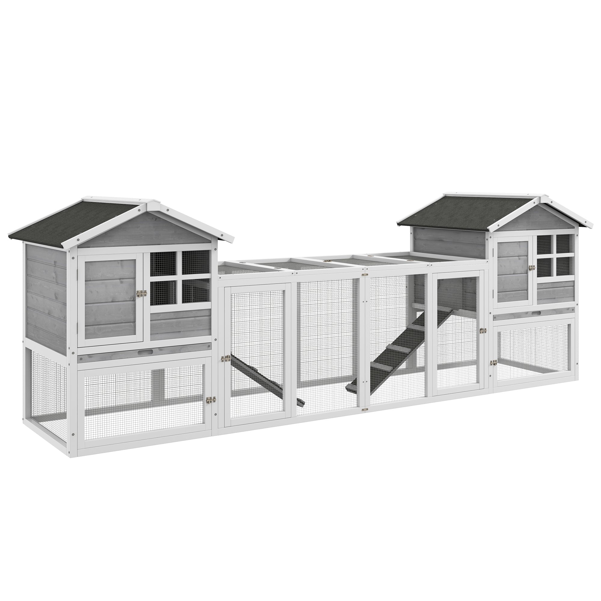 2 in 1 Rabbit Hutch Outdoor Guinea Pig Hutch Bunny Run Double Main House with Run, No-Leak Tray 259 x 64 x 92cm, Grey