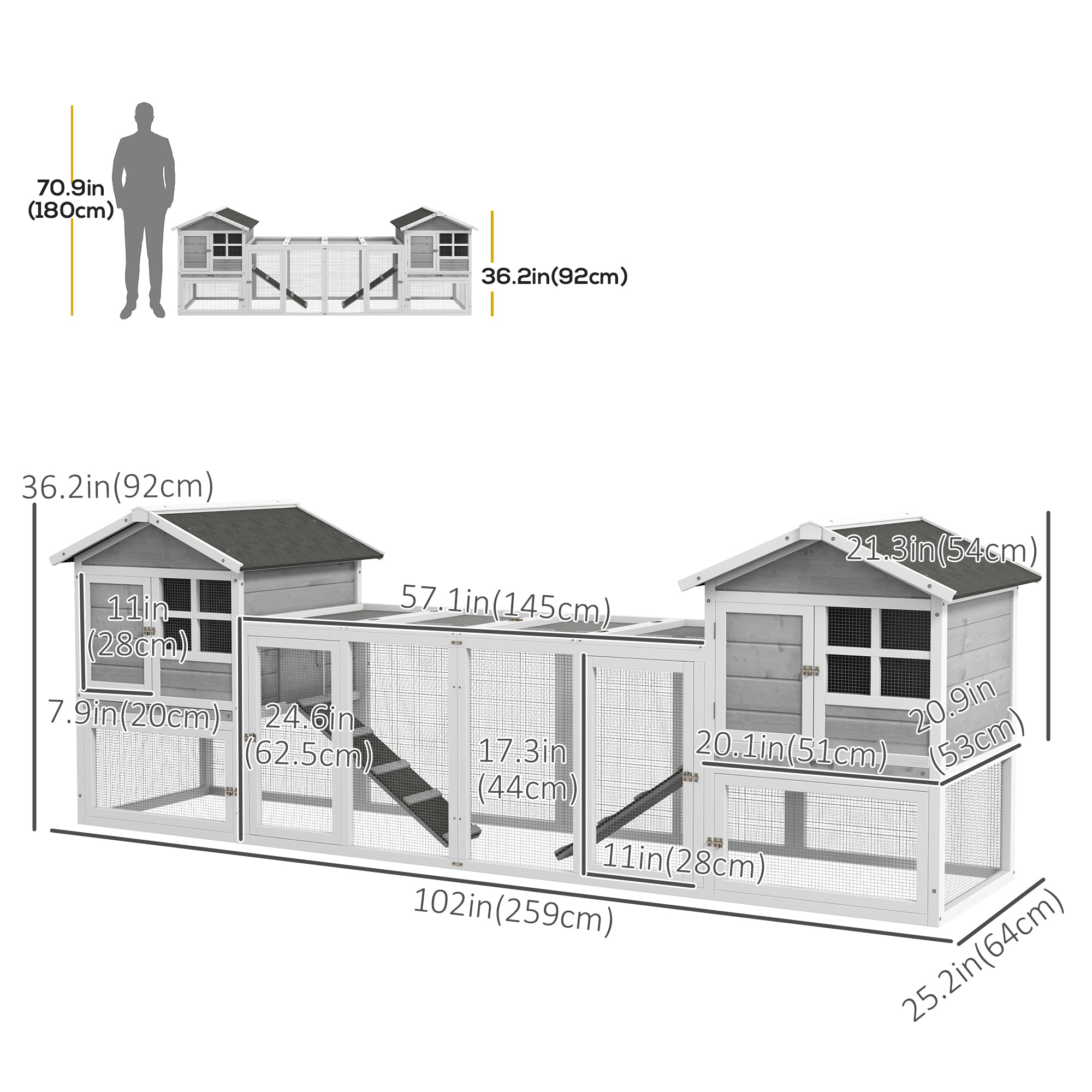 102" 2 in 1 Wooden Rabbit Hutch Chicken Coop with Double Main House, Large Bunny House Pet Playpen Enclosure for Indoor Outdoor with Run Box, Slide-Out Tray, Ramp, for Small Animals, Grey