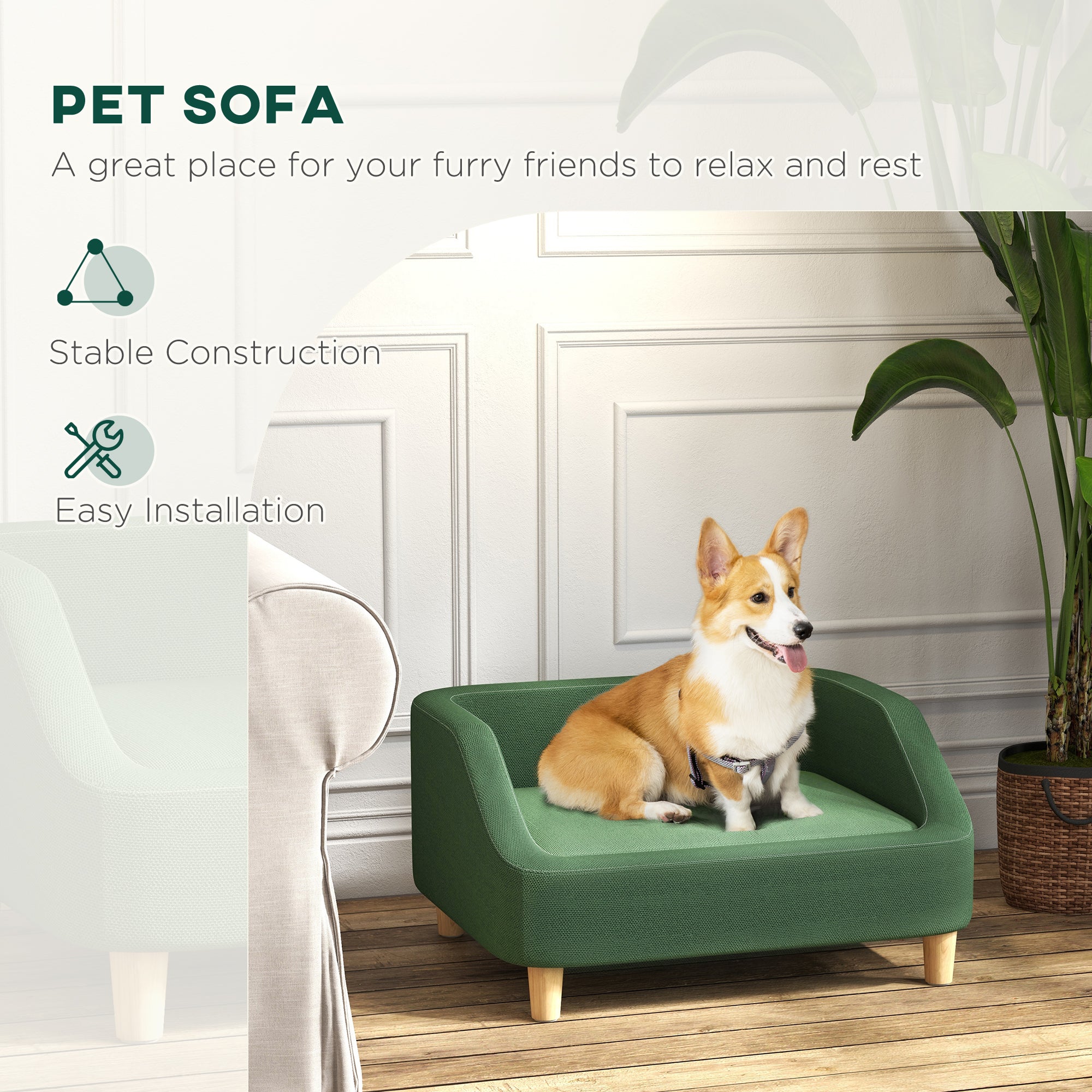 PawHut Dog Sofa Bed, Dog Couch Pet Bed for Small and Medium-Sized Dogs and Cats with Washable Cushion, Anti-Slip Pads, Dark Green