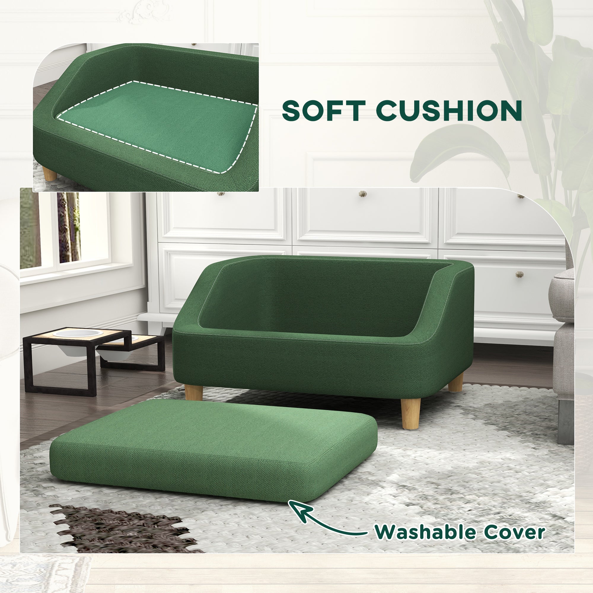PawHut Dog Sofa Bed, Dog Couch Pet Bed for Small and Medium-Sized Dogs and Cats with Washable Cushion, Anti-Slip Pads, Dark Green