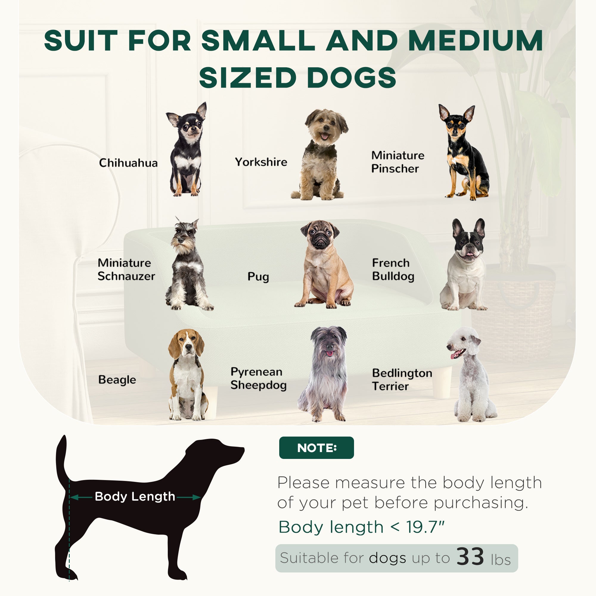 PawHut Dog Sofa Bed, Dog Couch Pet Bed for Small and Medium-Sized Dogs and Cats with Washable Cushion, Anti-Slip Pads, Dark Green
