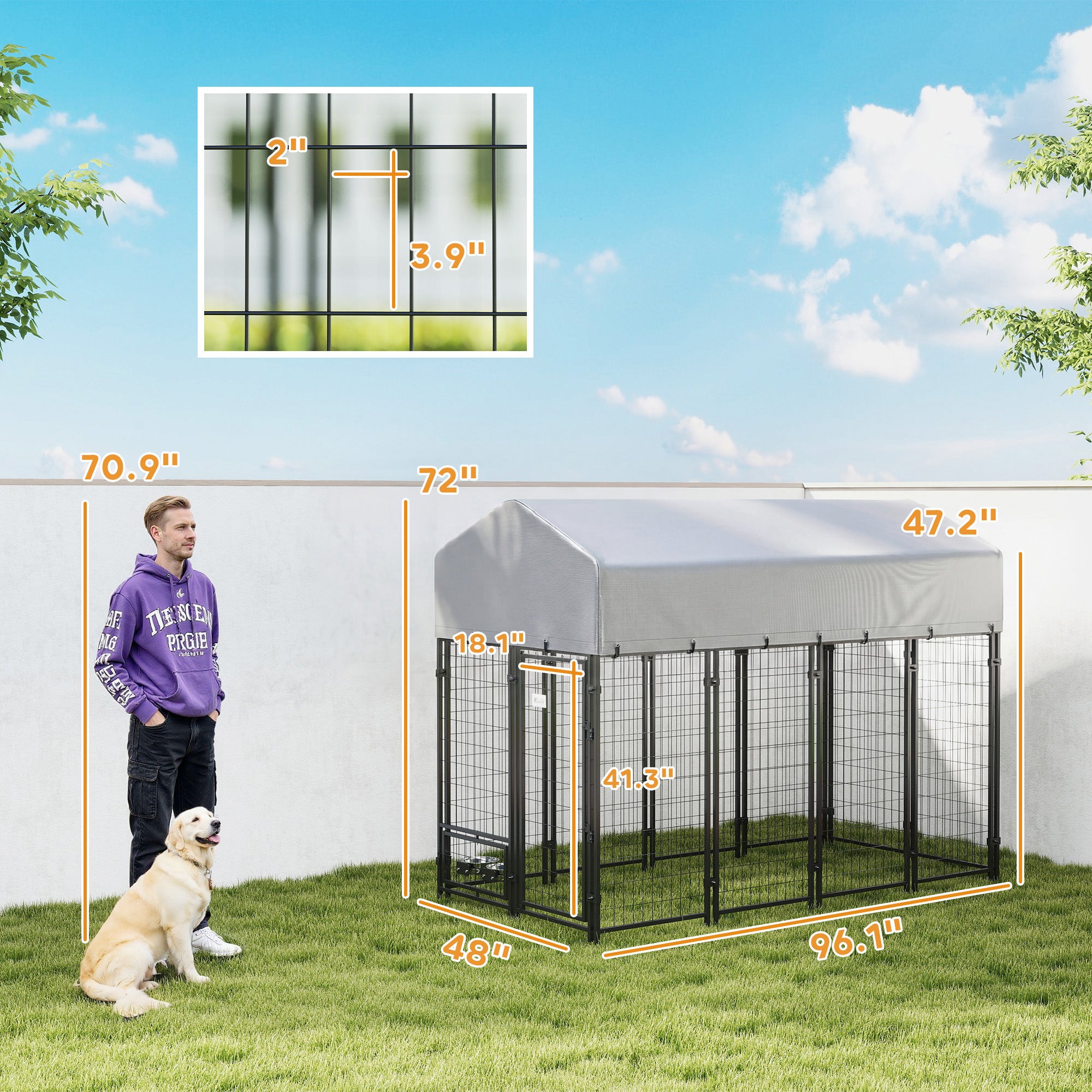 8' x 4' x 6' Outdoor Dog Kennel, Welded Wire Dog Kennel Outside Run with 360° Rotating Bowls, Waterproof & UV Resistant Cover, for S&M&L Breeds, Chickens, Ducks, Sliver