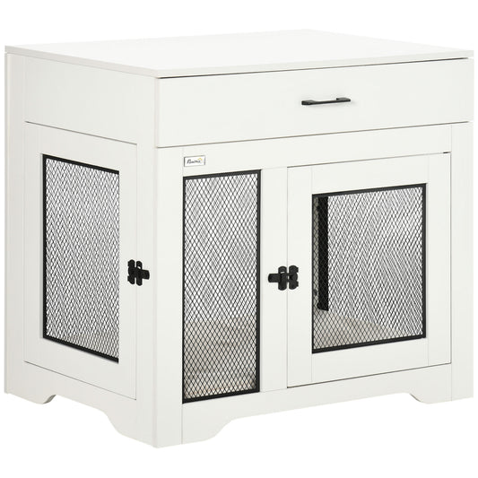32in Dog Crate Furniture with Cushion, Indoor Pet Kennel End Table with Storage, 2 Doors, for Small Medium Dogs, White