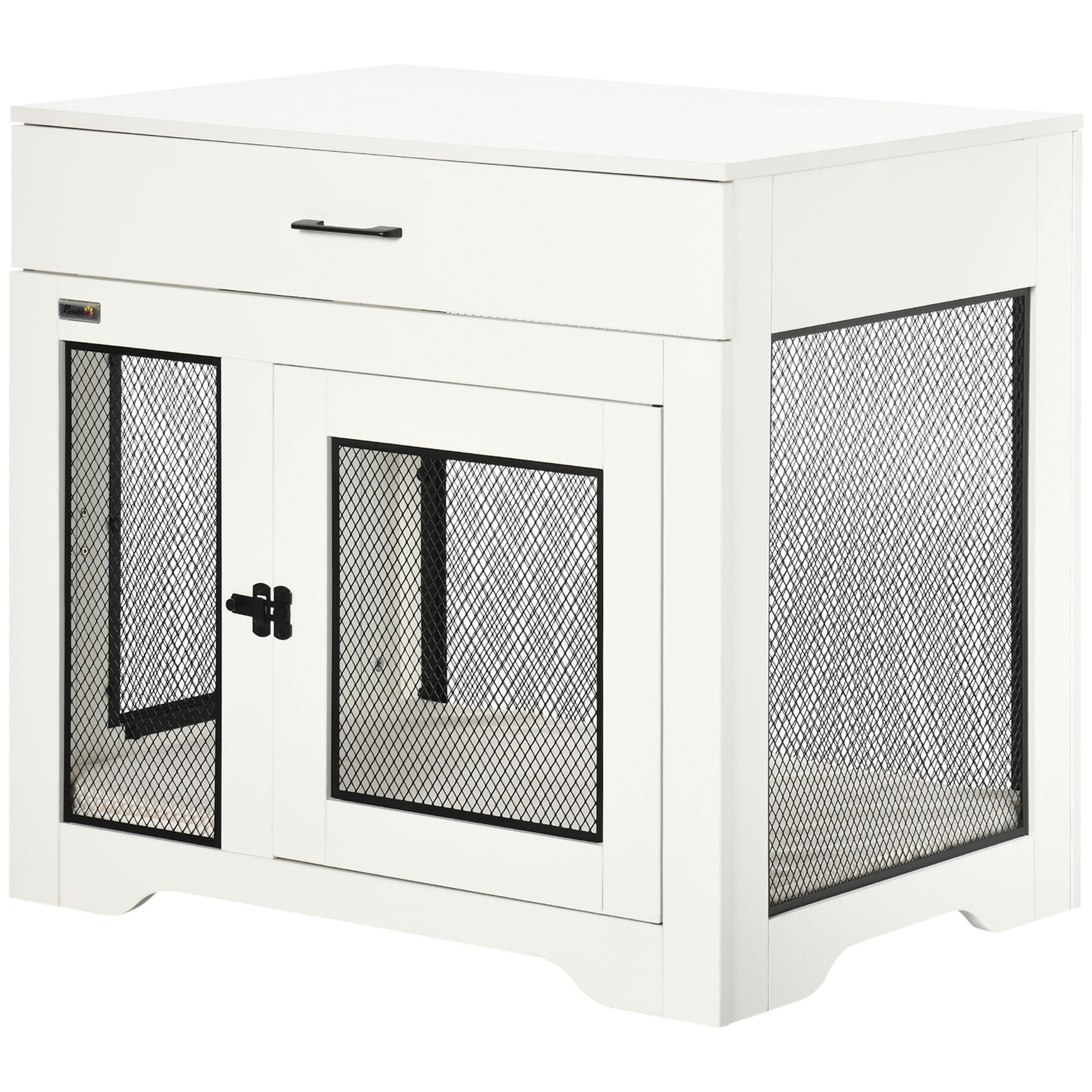 32in Dog Crate Furniture with Cushion, Indoor Pet Kennel End Table with Storage, 2 Doors, for Small Medium Dogs, White