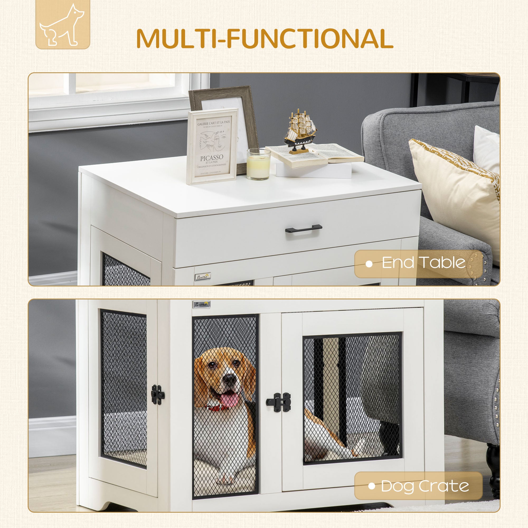 32in Dog Crate Furniture with Cushion, Indoor Pet Kennel End Table with Storage, 2 Doors, for Small Medium Dogs, White