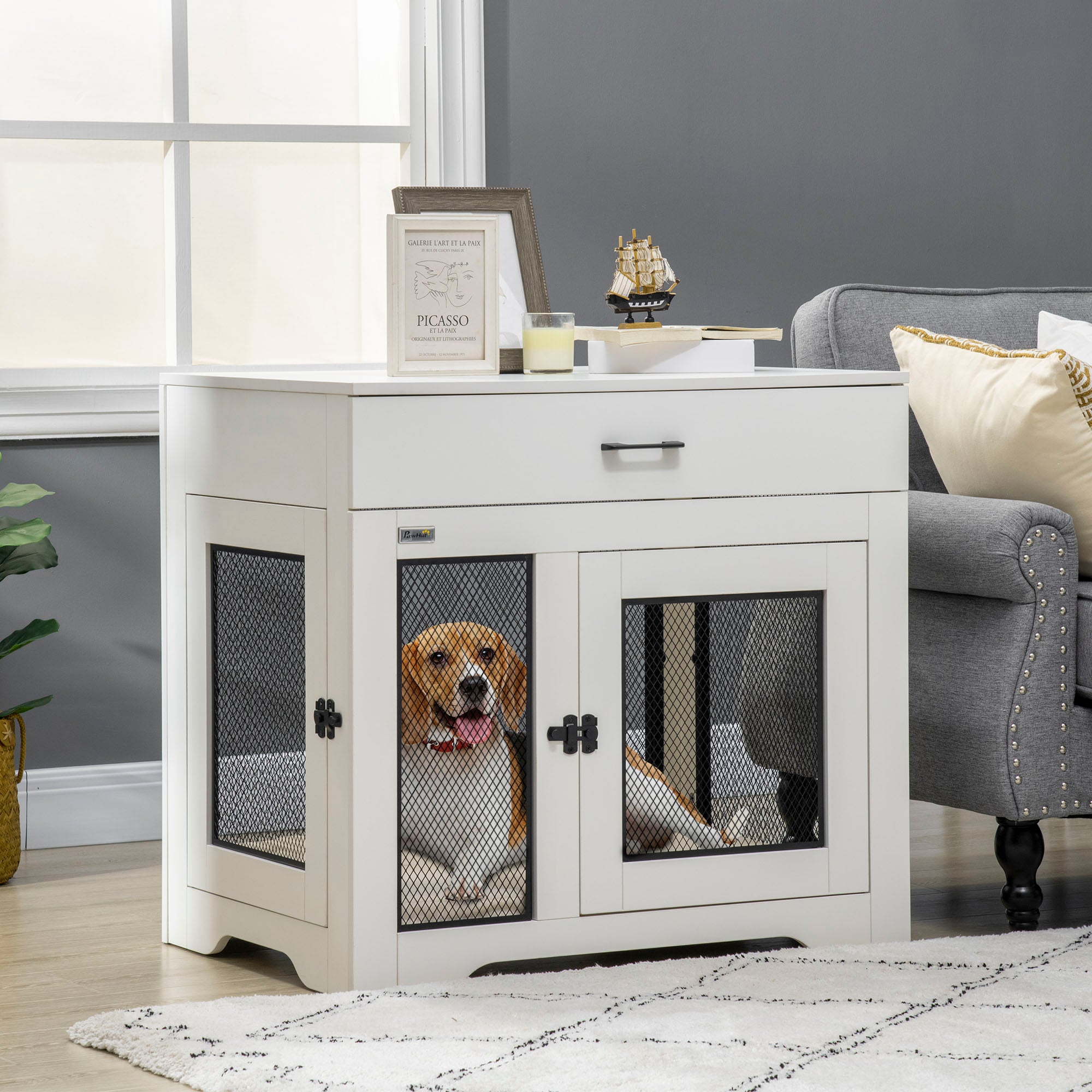 32in Dog Crate Furniture with Cushion, Indoor Pet Kennel End Table with Storage, 2 Doors, for Small Medium Dogs, White