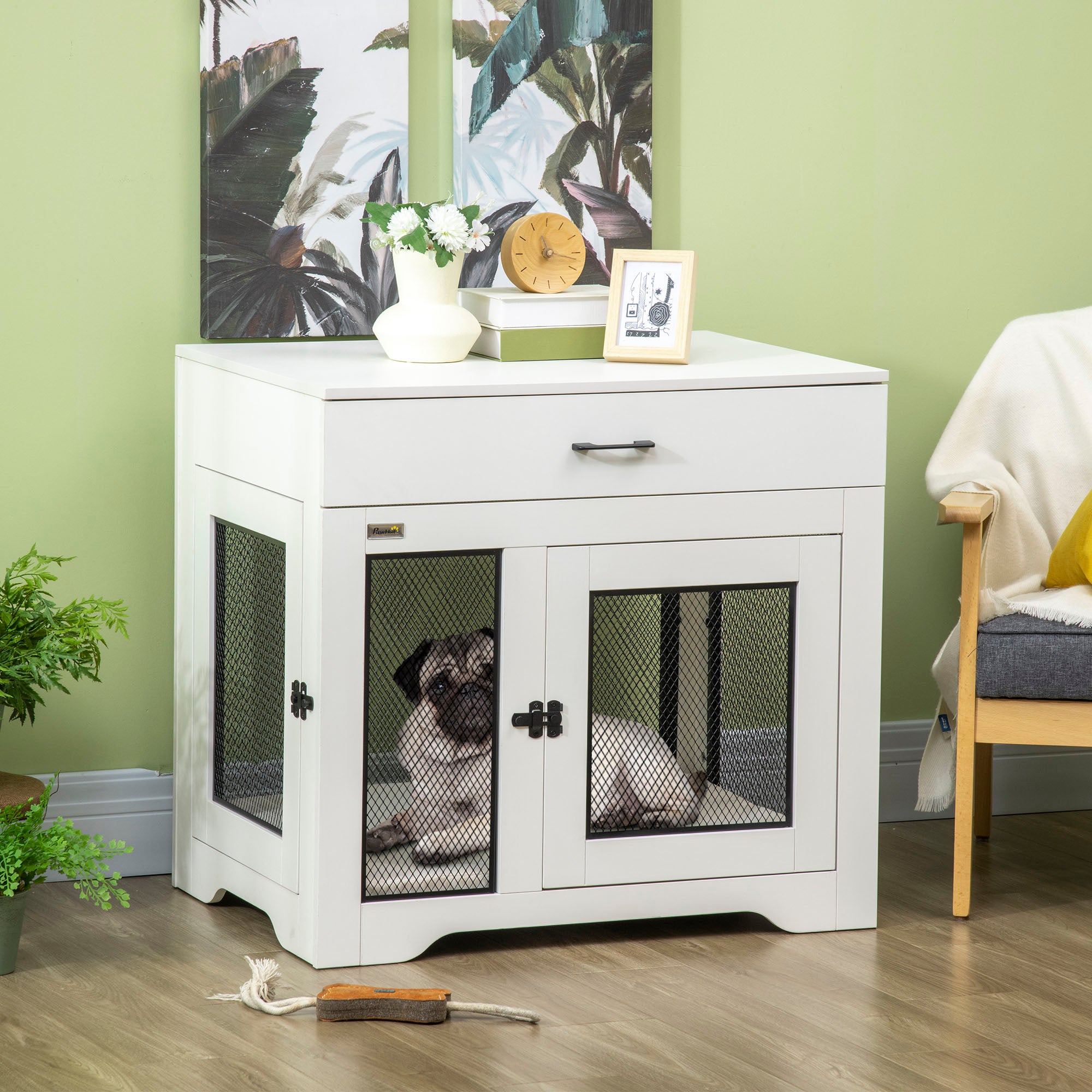 32in Dog Crate Furniture with Cushion, Indoor Pet Kennel End Table with Storage, 2 Doors, for Small Medium Dogs, White