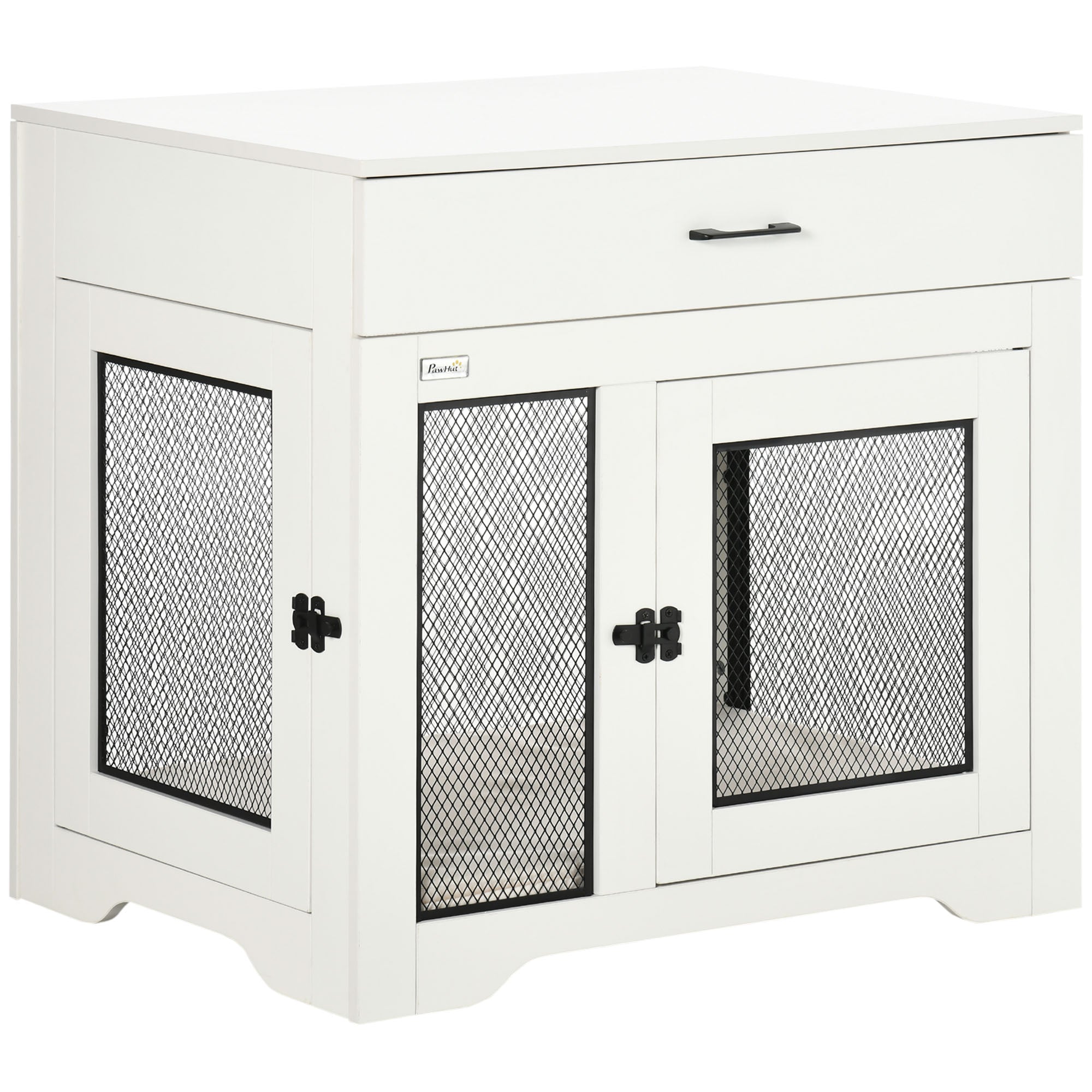 32in Dog Crate Furniture with Cushion, Indoor Pet Kennel End Table with Storage, 2 Doors, for Small Medium Dogs, White