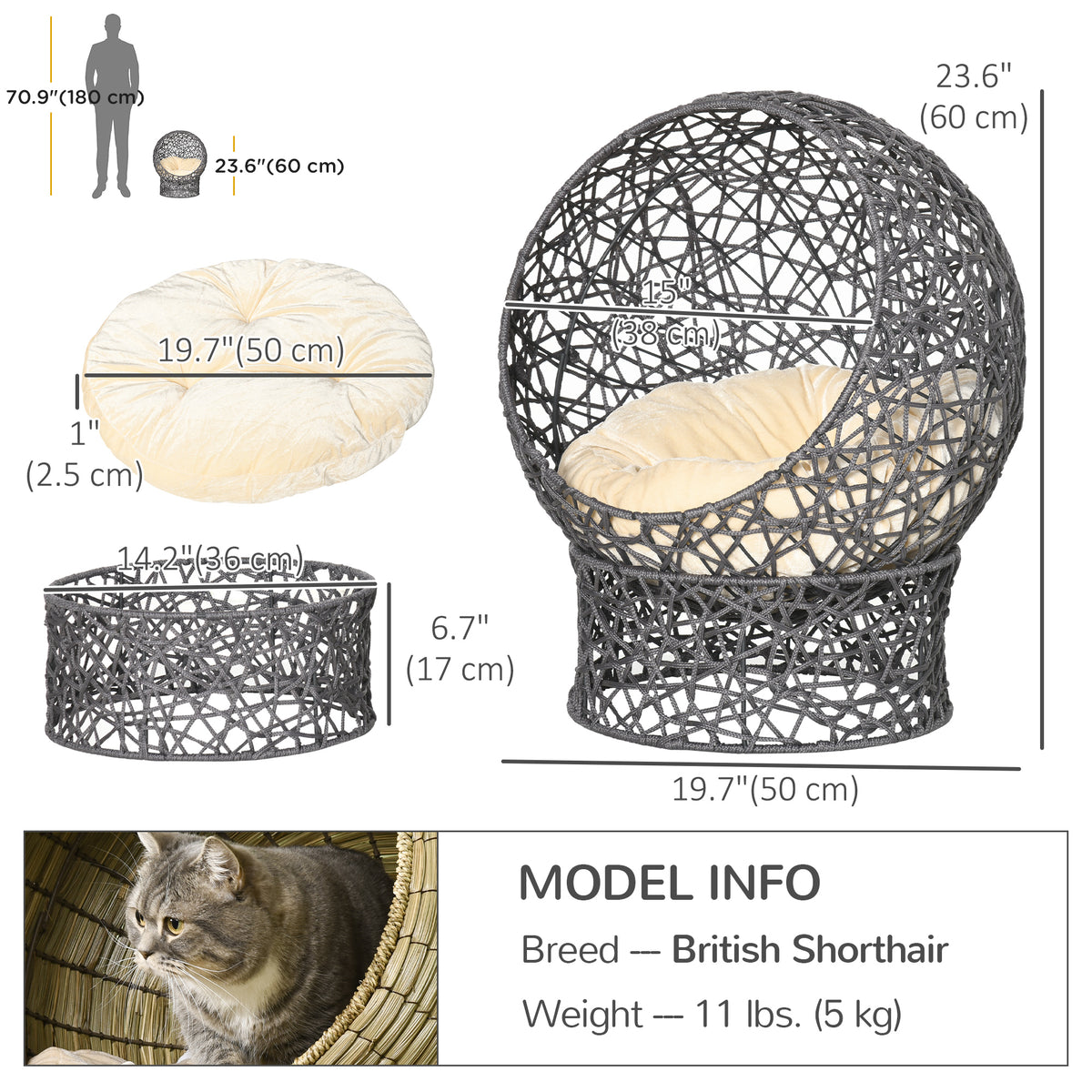 Cat Bed, Elevated Rope Weave Cat Egg Chair with Cushion, Handwoven Kitty House with Stand for Indoor Kittens, Violet