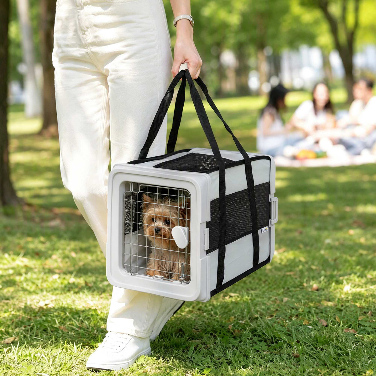 Pet Carrier Bag, Soft-Sided Dog Carrier with Bottom Board and Mesh Windows, Foldable Pet Travel Bag for Mini Dogs Under 22 lbs and Cats, Grey