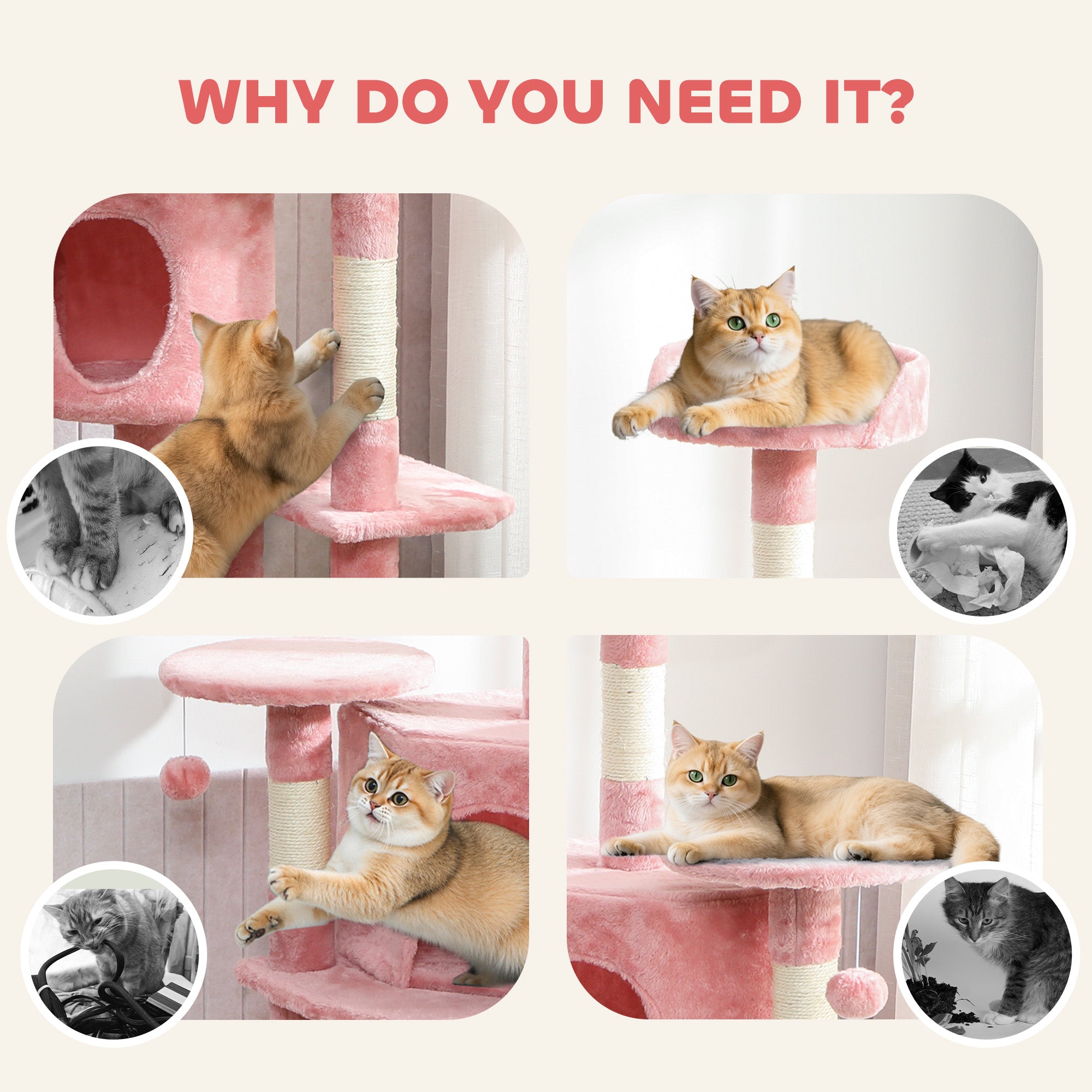 Cat Tree, 62" Multi-Level Cat Tower with Scratching Posts, 2 Condos, Hammock, Perches, Plush, Pompoms, for Indoor Kittens Playing, Resting, Sleeping, Pink