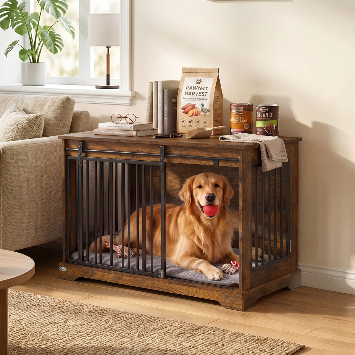 Dog Crate Furniture, 100 cm Wooden Dog Kennel Indoor Double Door with Sliding Barn Door, Decorative Pet Kennel End Side Table for Large Breeds, Tiger Wood Grain, Black
