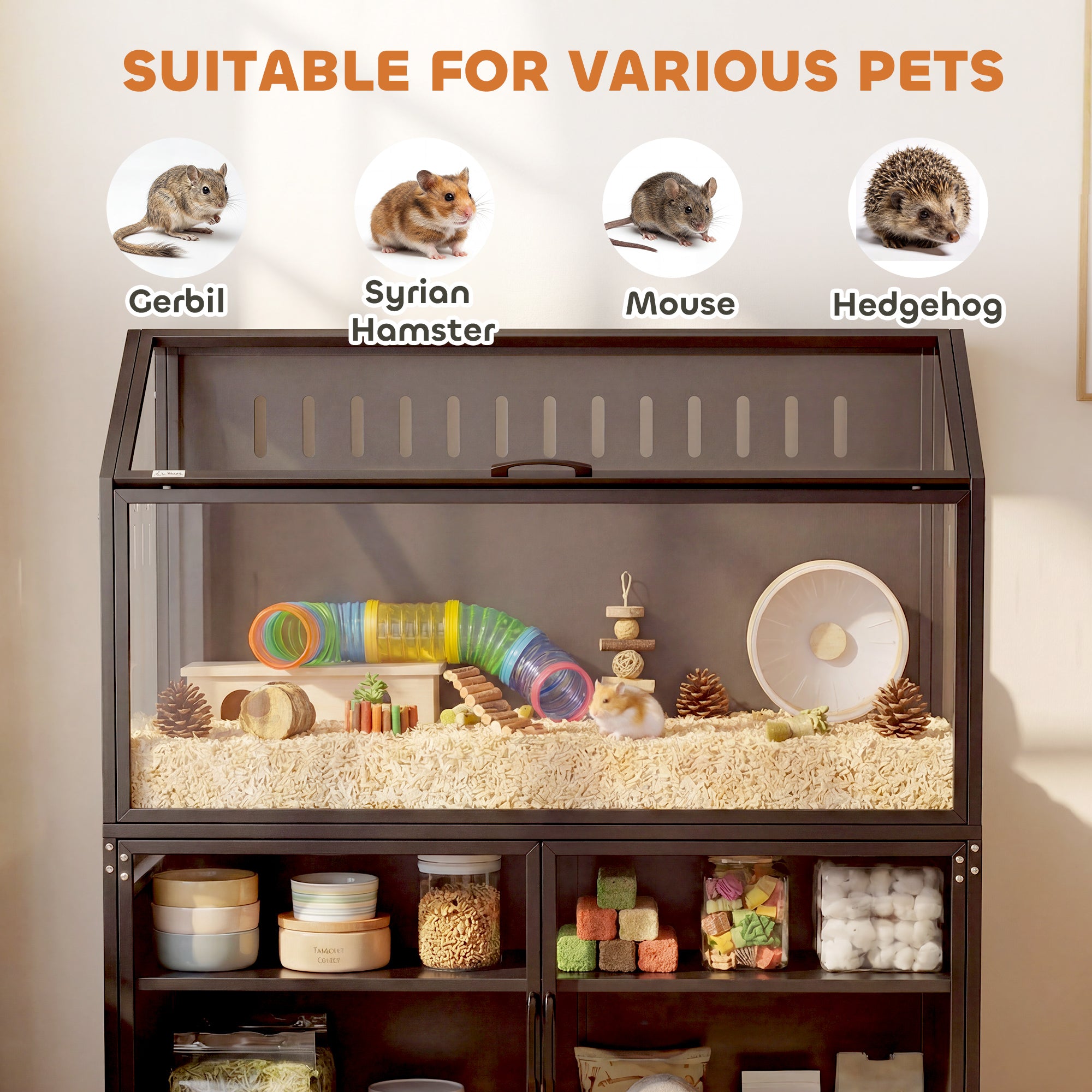 Hamster Cage with Storage Cabinet, Small Animal Cage with Easy View Acrylic Panels and Openable Top, Large Guinea Pig Habitat for Rat, Hedgehog, Gerbil, 41" x 16" x 40" H, Black