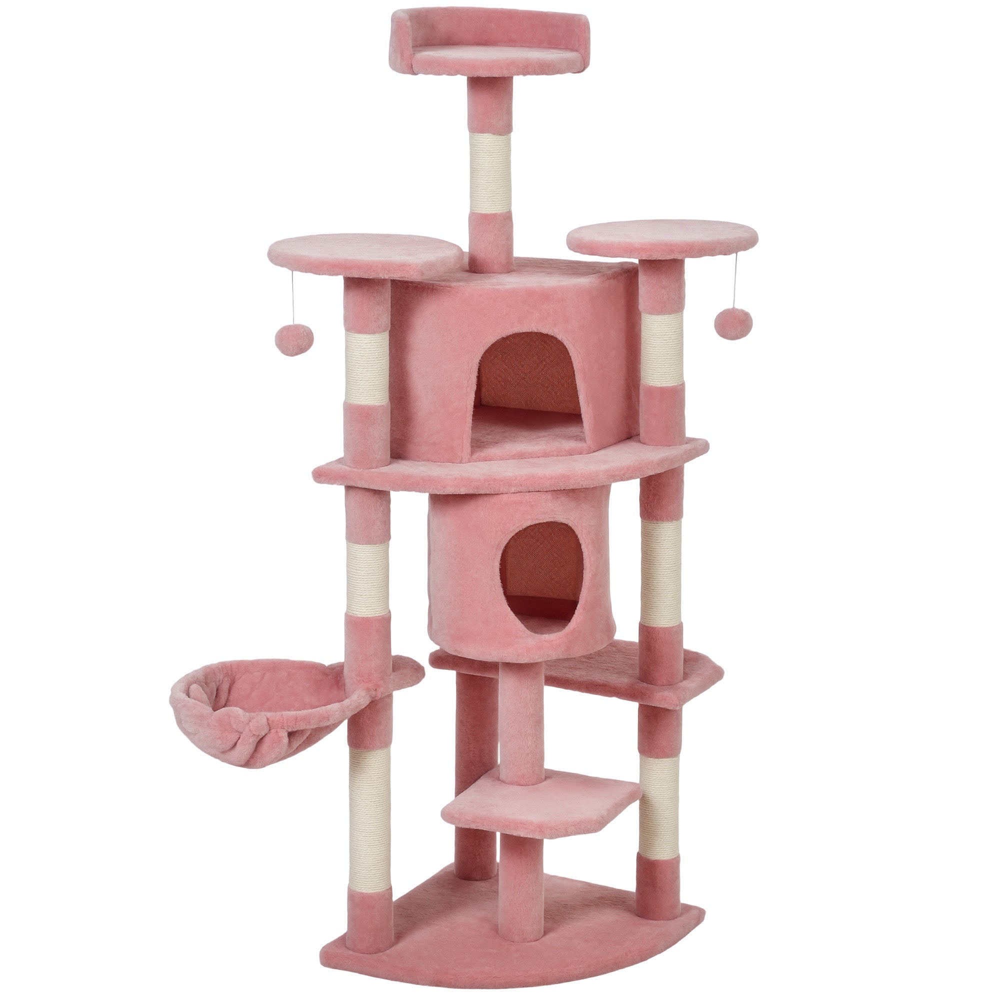 Cat Tree, 62" Multi-Level Cat Tower with Scratching Posts, 2 Condos, Hammock, Perches, Plush, Pompoms, for Indoor Kittens Playing, Resting, Sleeping, Pink