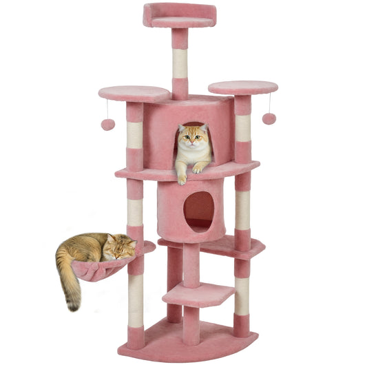 Cat Tree, 62" Multi-Level Cat Tower with Scratching Posts, 2 Condos, Hammock, Perches, Plush, Pompoms, for Indoor Kittens Playing, Resting, Sleeping, Pink