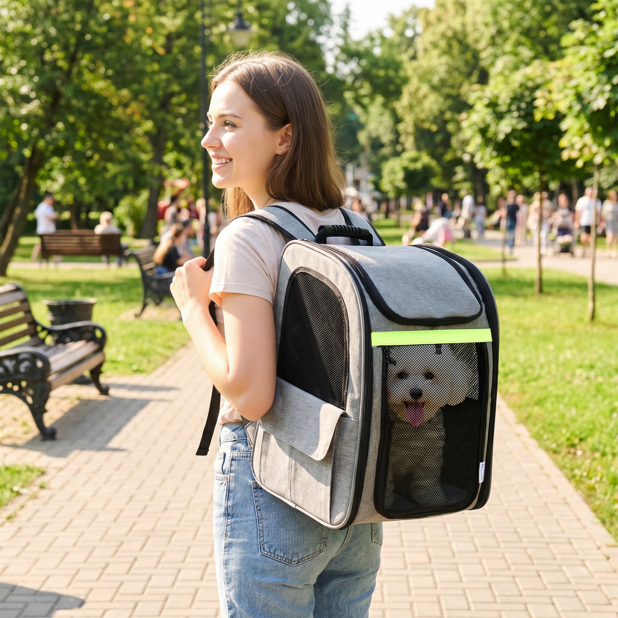 Dog Carrier Backpack Expandable, Breathable Pet Carrier Bag for Small Puppy Cat with Reflective Strip and 5 Pockets, for Travel Hiking Walking Camping, Light Grey