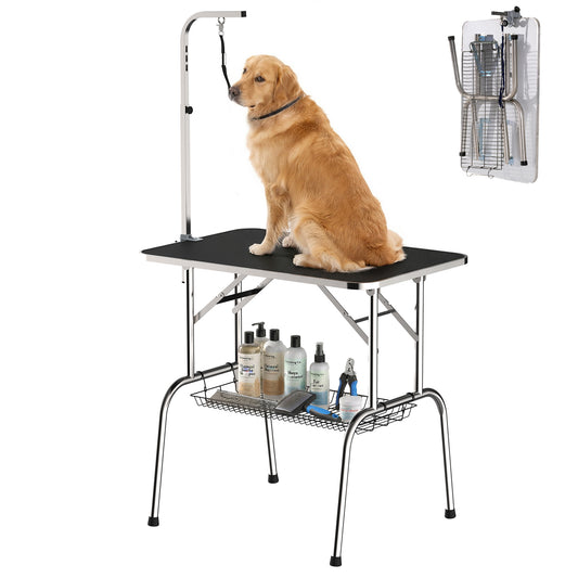 36" Dog Grooming Table with Adjustable Grooming Arm, Foldable Pet Grooming Table for Dogs with Storage Shelf, Noose, Black
