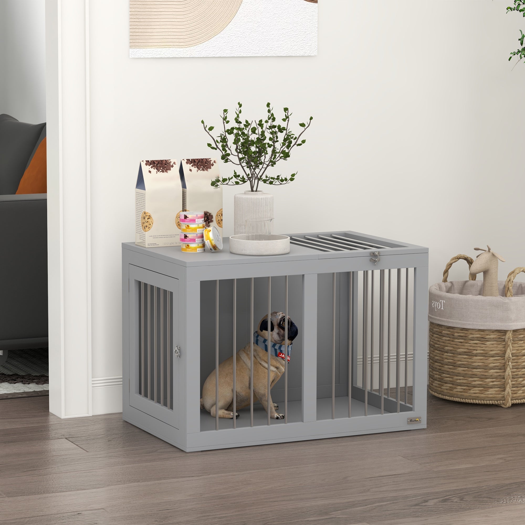 Dog Crate Furniture, 31.5" Dog Kennel Furniture Side End Table with Double Doors, for Medium Dogs, Grey
