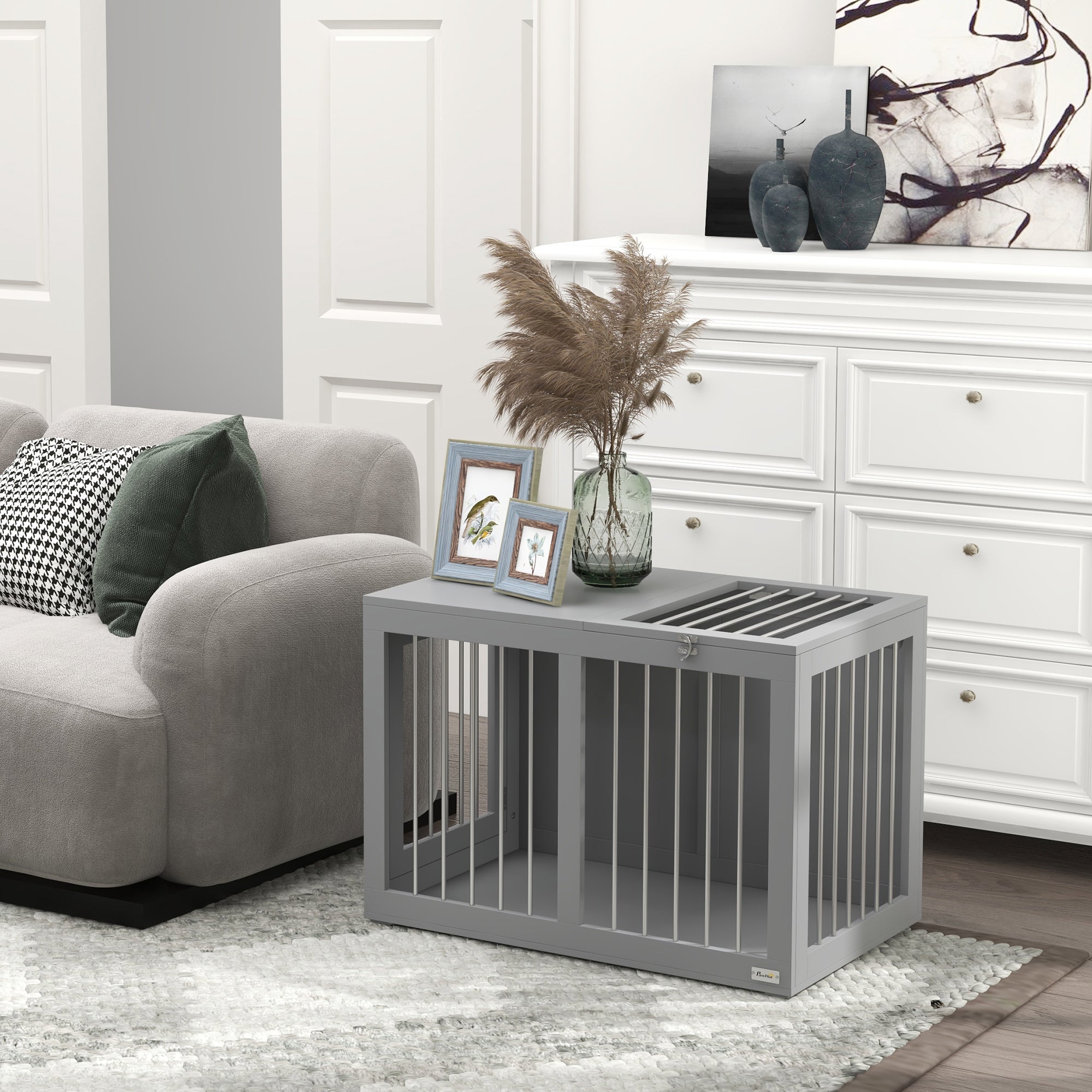 Dog Crate Furniture, 31.5" Dog Kennel Furniture Side End Table with Double Doors, for Medium Dogs, Grey