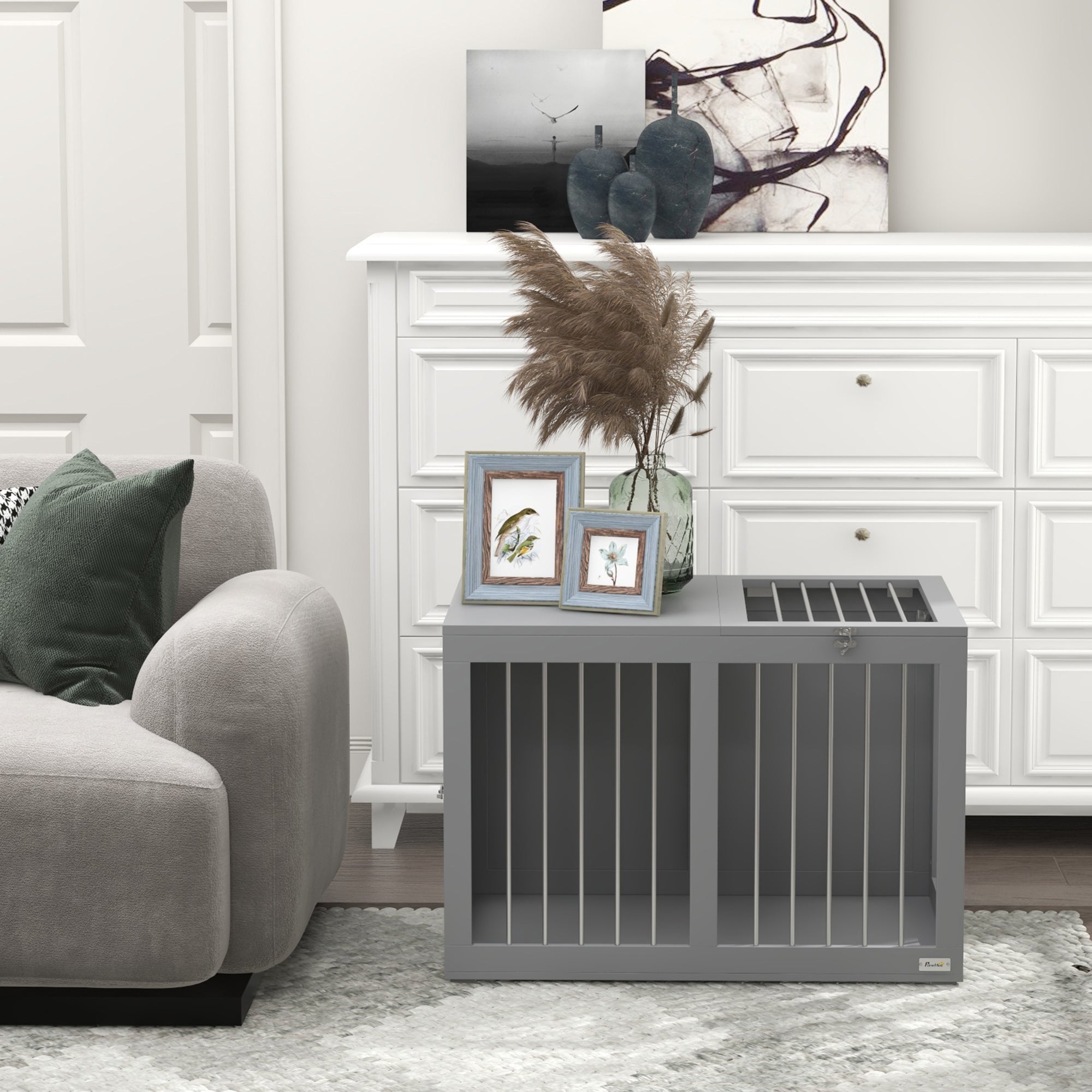 Dog Crate Furniture, 31.5" Dog Kennel Furniture Side End Table with Double Doors, for Medium Dogs, Grey