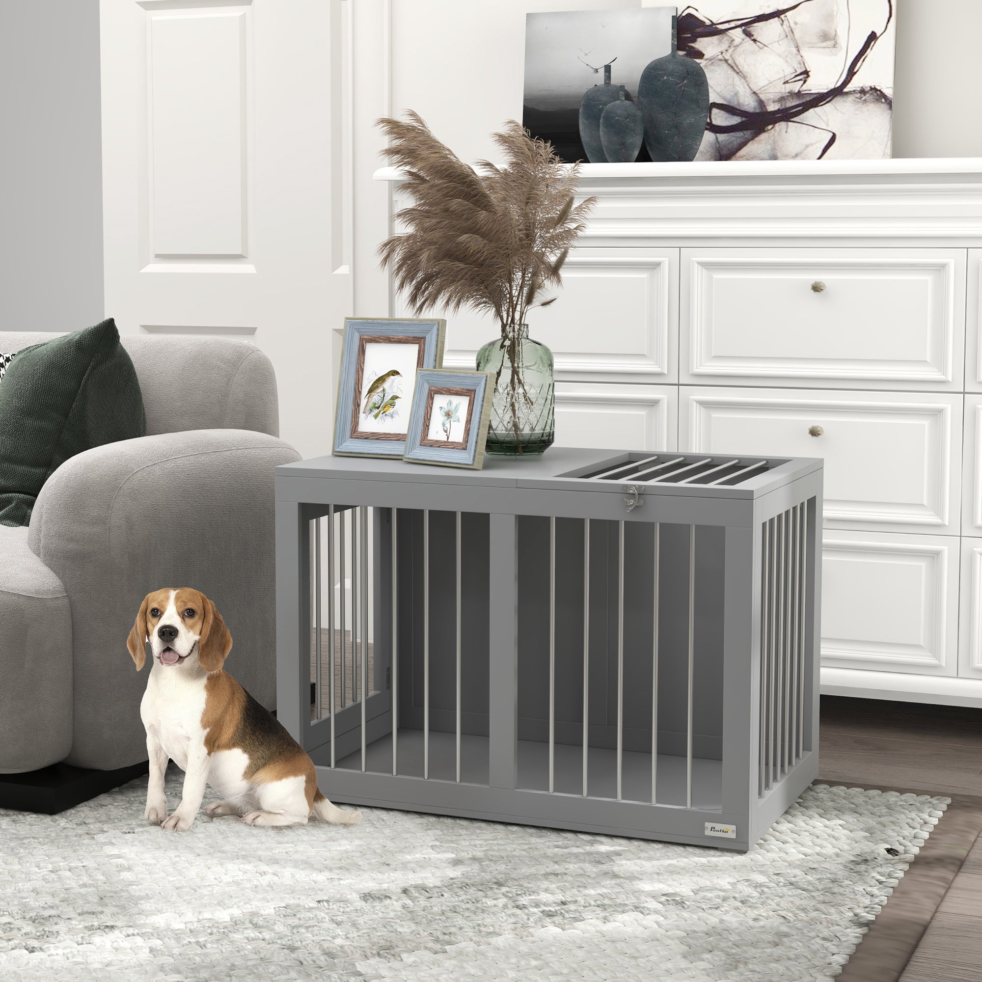 Dog Crate Furniture, 31.5" Dog Kennel Furniture Side End Table with Double Doors, for Medium Dogs, Grey