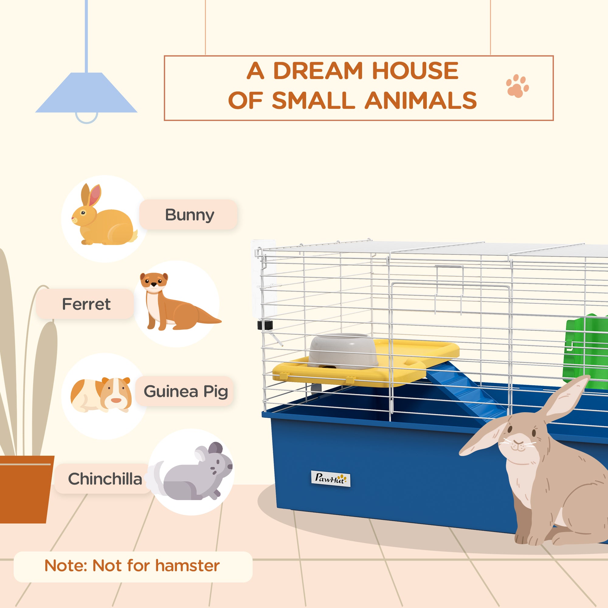Guinea Pig Cage Chinchillas Rabbit Small Animal Cage with Ramp, Dish, Water Bottle, 71 x 46 x 47cm, Blue