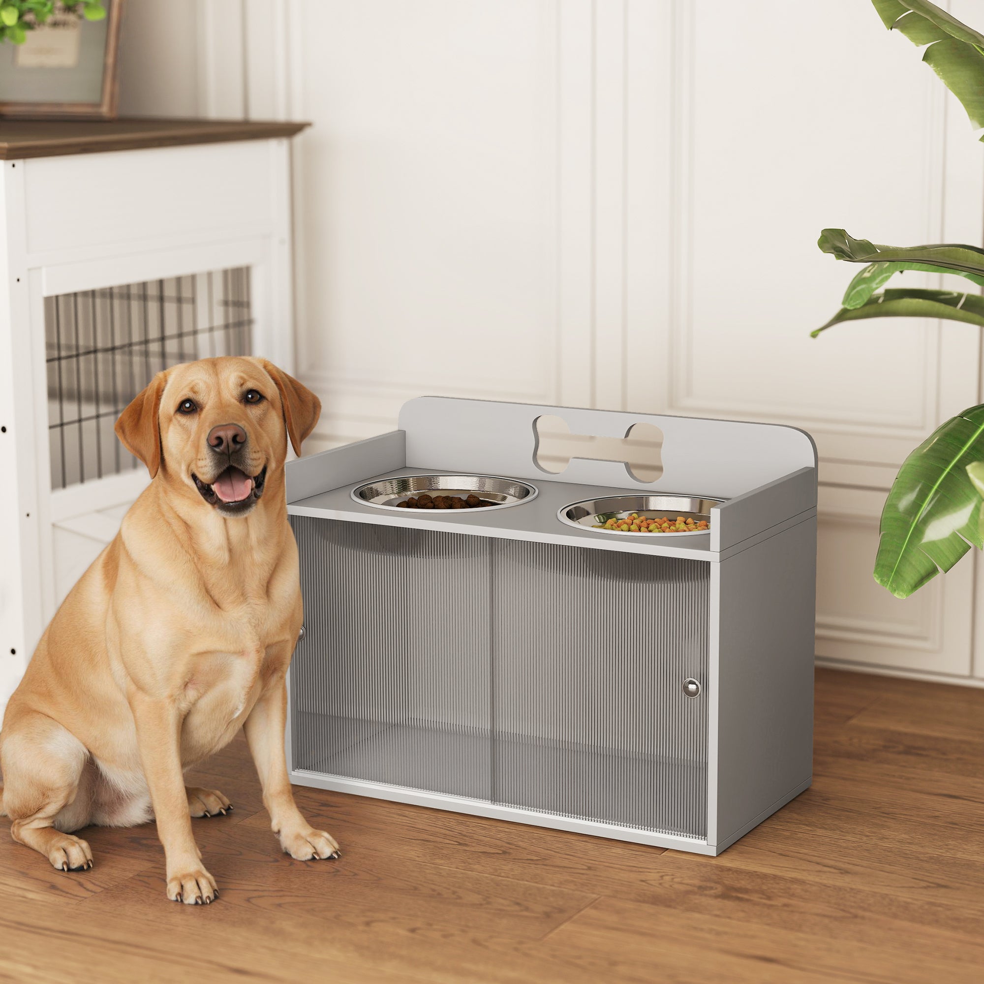 Elevated Dog Bowls with Storage, Raised Dog Bowl Stand with 2 Stainless Steel Food Dishes and Slow Feeder, Pet Feeding Station for Large Breeds, Gray