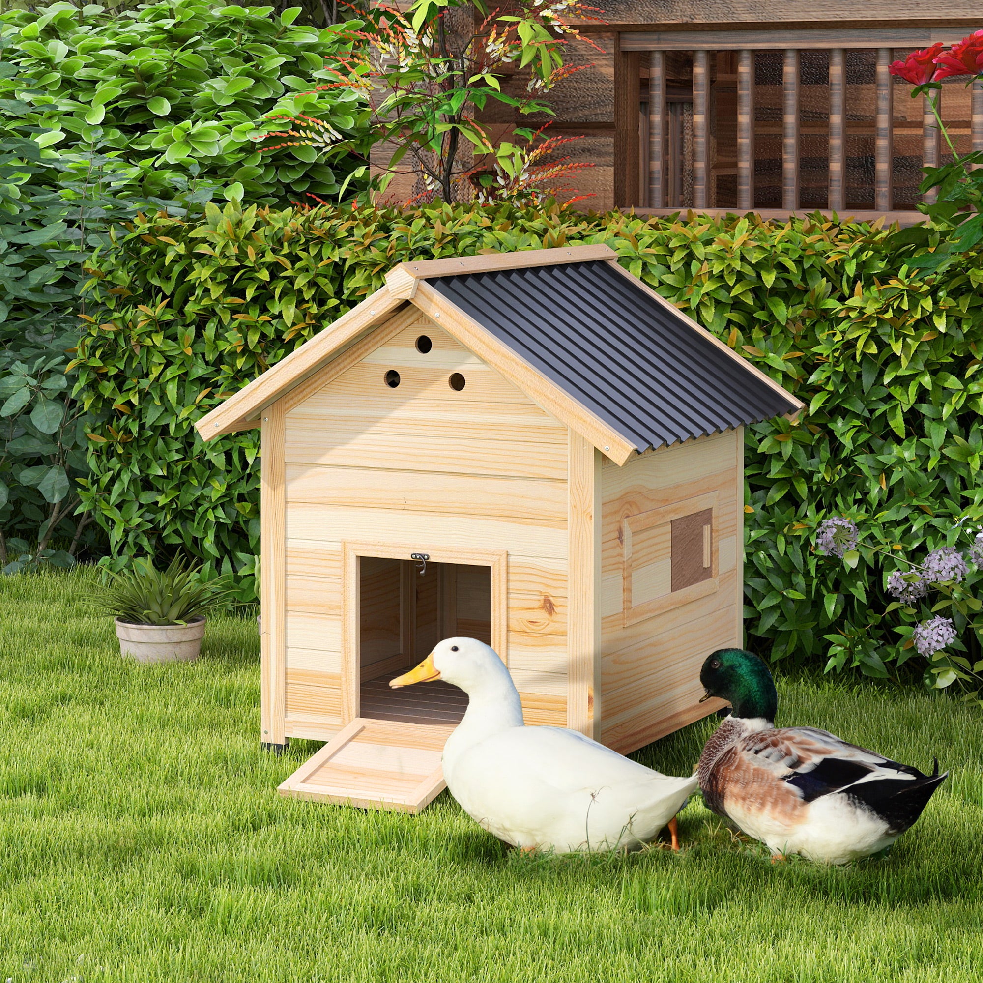 Wooden Duck House, Raised Chicken Coop with Double Doors, Poultry Coop with Openable Roof, Ventilation Holes, Removable Base, Natural Wood Finish