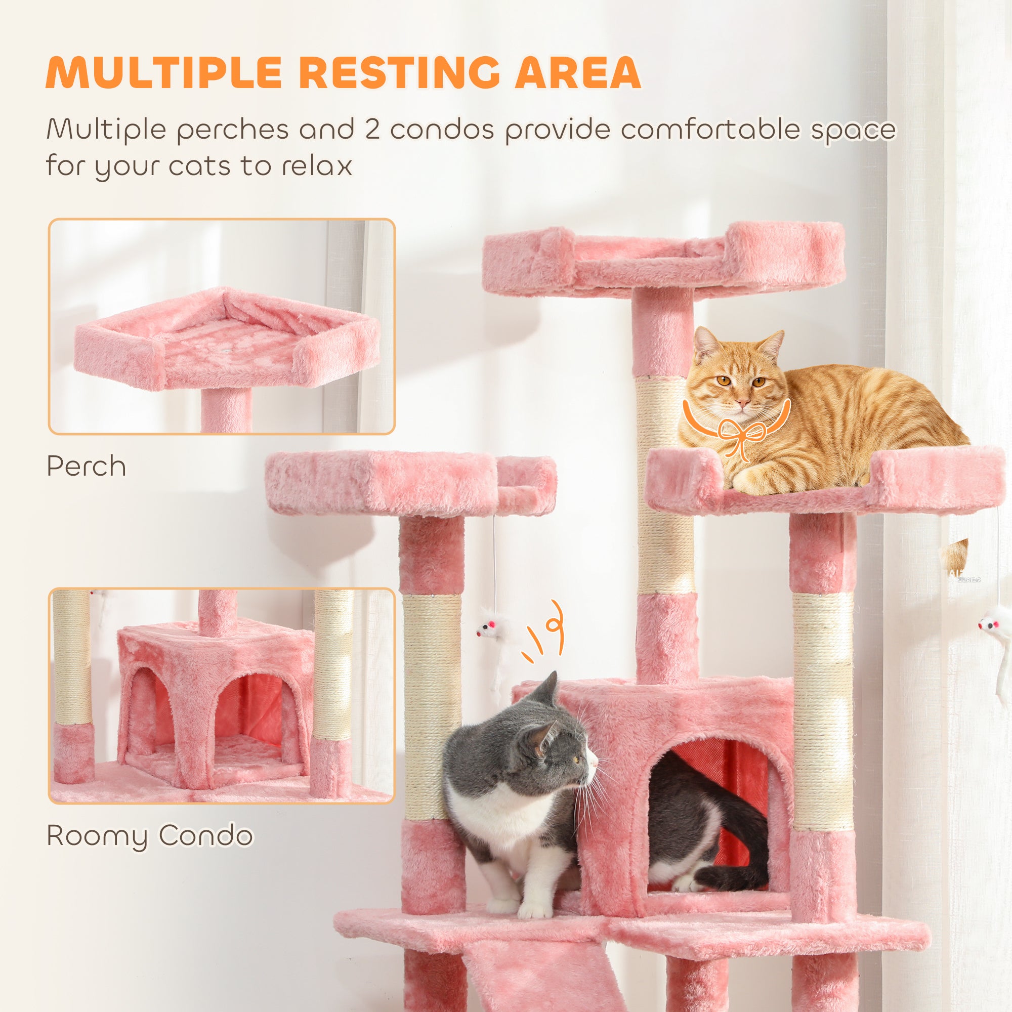 68 inches Cat Tree, Multi-Level Large Cat Tower Condo with Scratching Posts, Perches, Cat Houses, Dangling Toy, Pink