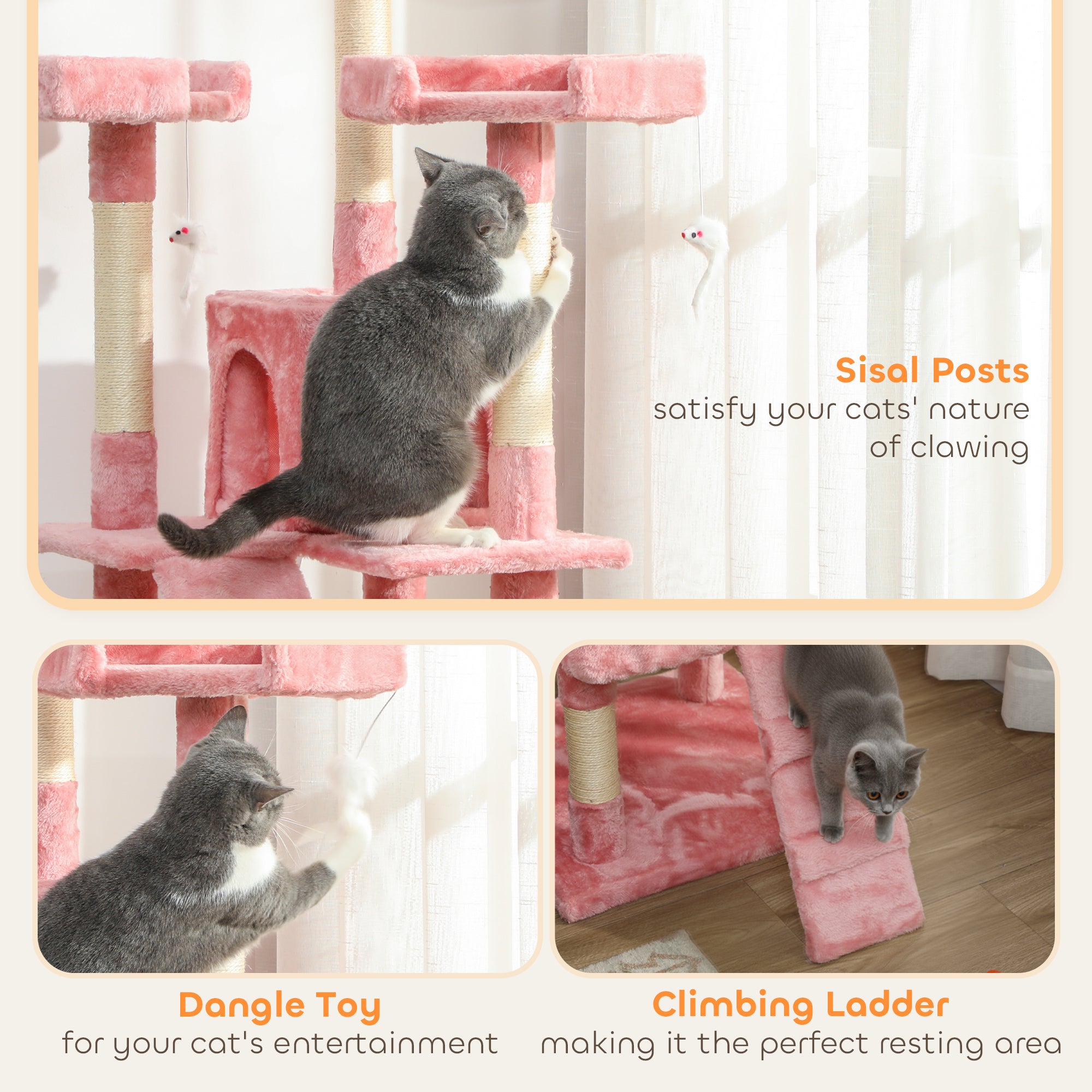 68 inches Cat Tree, Multi-Level Large Cat Tower Condo with Scratching Posts, Perches, Cat Houses, Dangling Toy, Pink