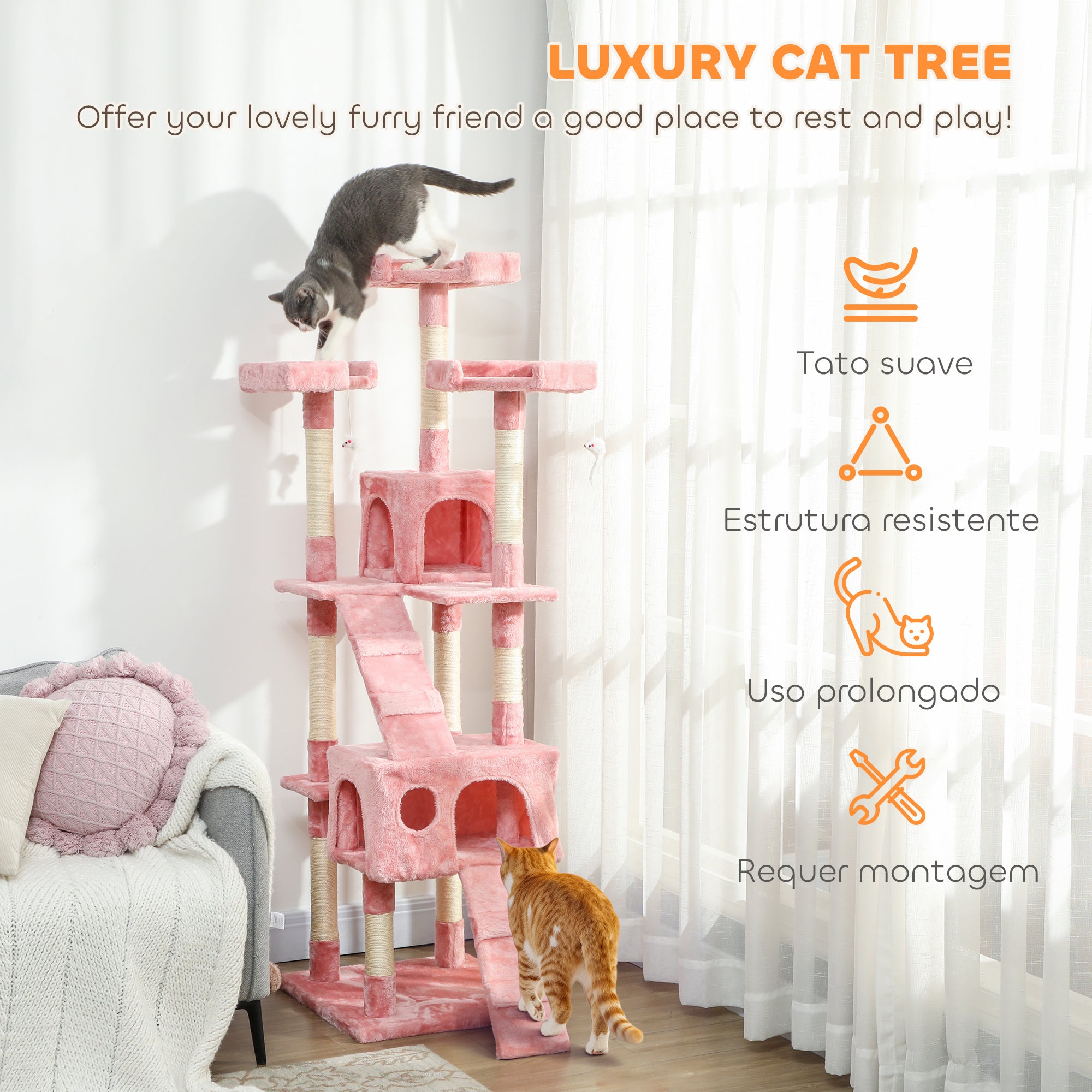 Large Cat Tree, 173 cm Cat Tower with 10 Scratching Posts, 3 Perches, 2 Condos, 1 Ramp, Kitty Climbing Tower, Activity Centre House  for Indoor Kittens, Pink