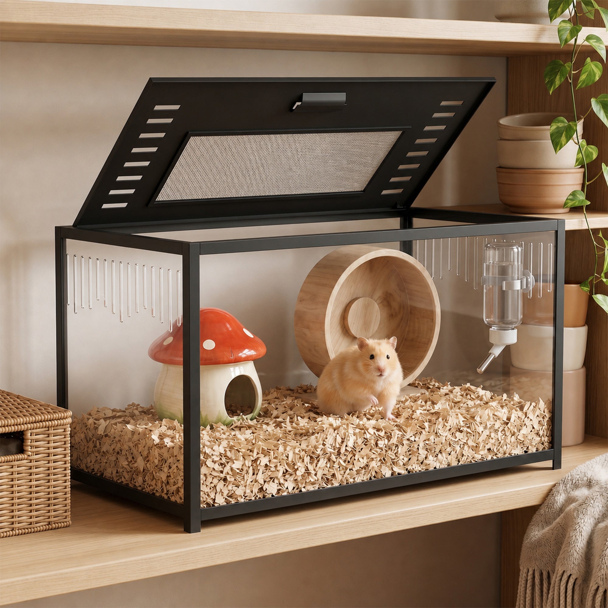 Hamster Cage, Chewproof Metal Rat Cage with Deep Base, Openable Top & Excellent Ventilation, Transparent Small Animal Habitat for Syrian Dwarf Hamster, Gerbil, 80 x 45 x 50.5 cm, Black