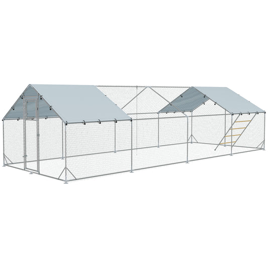 Chicken Run, Large Metal Chicken Coop with Feeding Door, Waterproof & UV-Resistant Cover, Hanging Feeder, Perch, Poultry Cage for Outdoor, Backyard, Farm, for 24-30 Chickens