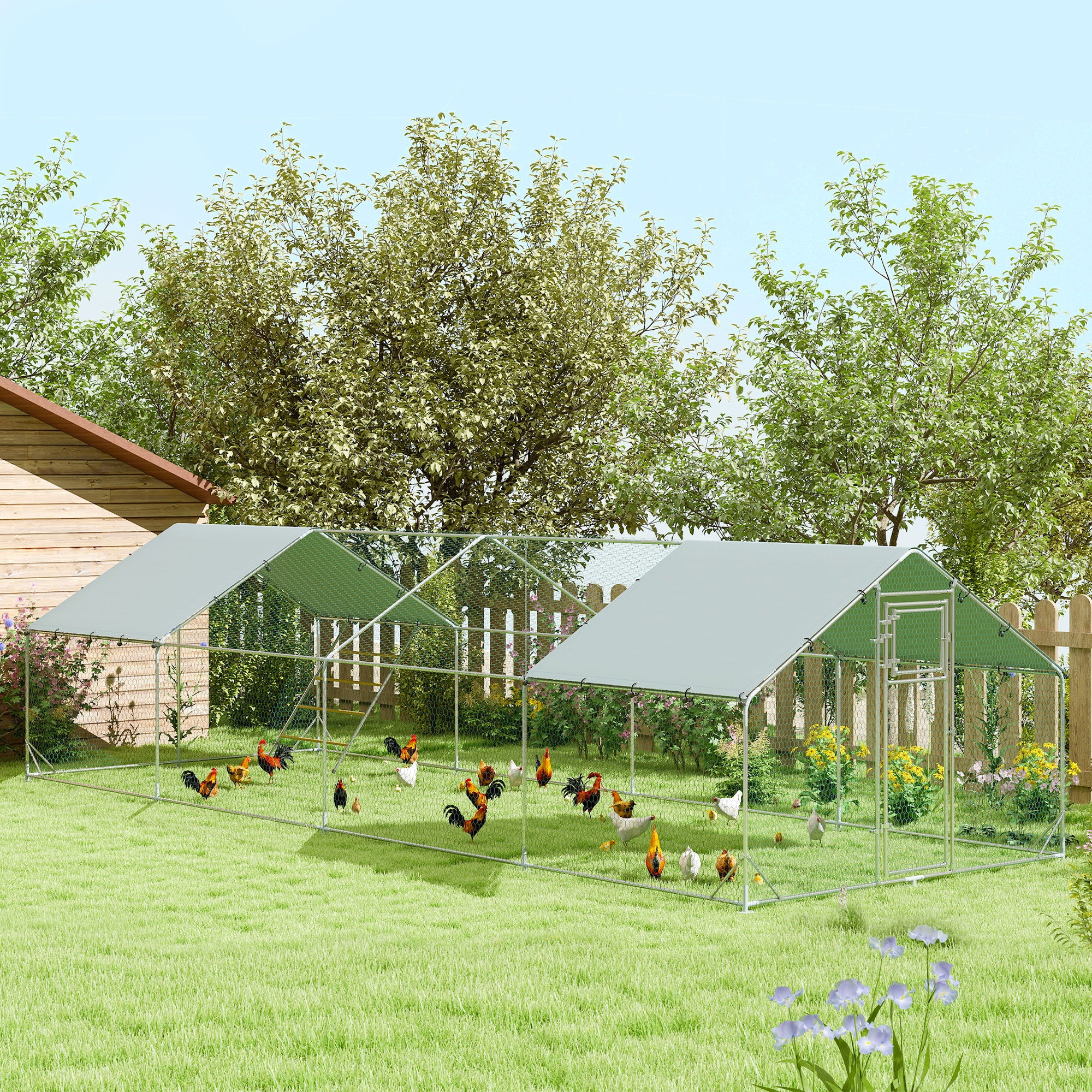 Chicken Run, Large Metal Chicken Coop with Feeding Door, Waterproof & UV-Resistant Cover, Hanging Feeder, Perch, Poultry Cage for Outdoor, Backyard, Farm, for 24-30 Chickens