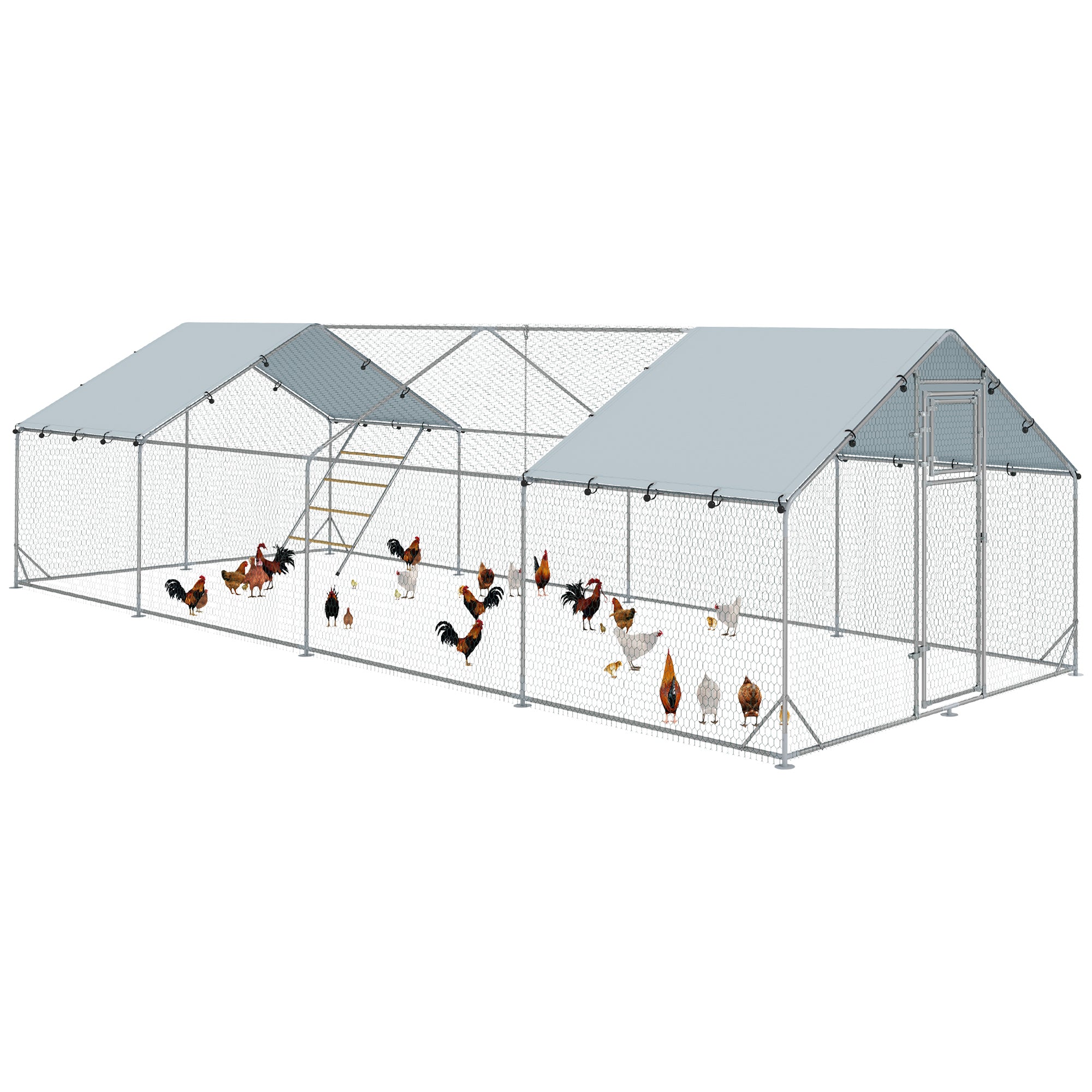 Chicken Run, Large Metal Chicken Coop with Feeding Door, Waterproof & UV-Resistant Cover, Hanging Feeder, Perch, Poultry Cage for Outdoor, Backyard, Farm, for 24-30 Chickens