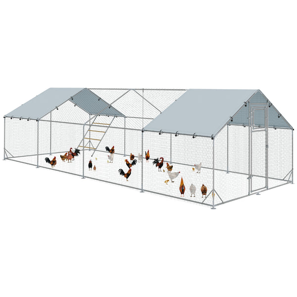 Chicken Run, Large Metal Chicken Coop with Feeding Door, Waterproof & UV-Resistant Cover, Hanging Feeder, Perch, Poultry Cage for Outdoor, Backyard, Farm, for 24-30 Chickens
