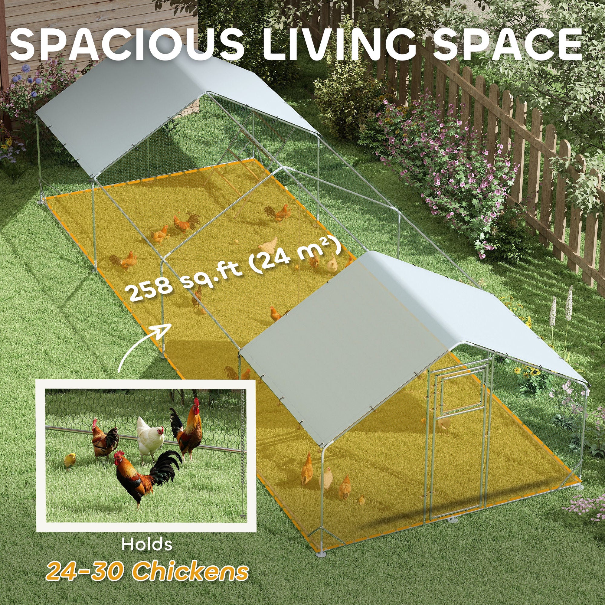 Chicken Run, Large Metal Chicken Coop with Feeding Door, Waterproof & UV-Resistant Cover, Hanging Feeder, Perch, Poultry Cage for Outdoor, Backyard, Farm, for 24-30 Chickens