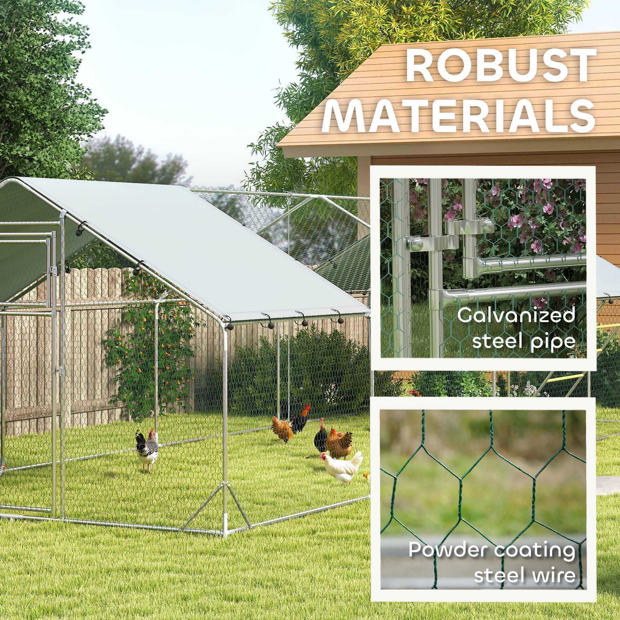 Chicken Run, Large Metal Chicken Coop with Feeding Door, Waterproof & UV-Resistant Cover, Hanging Feeder, Perch, Poultry Cage for Outdoor, Backyard, Farm, for 24-30 Chickens