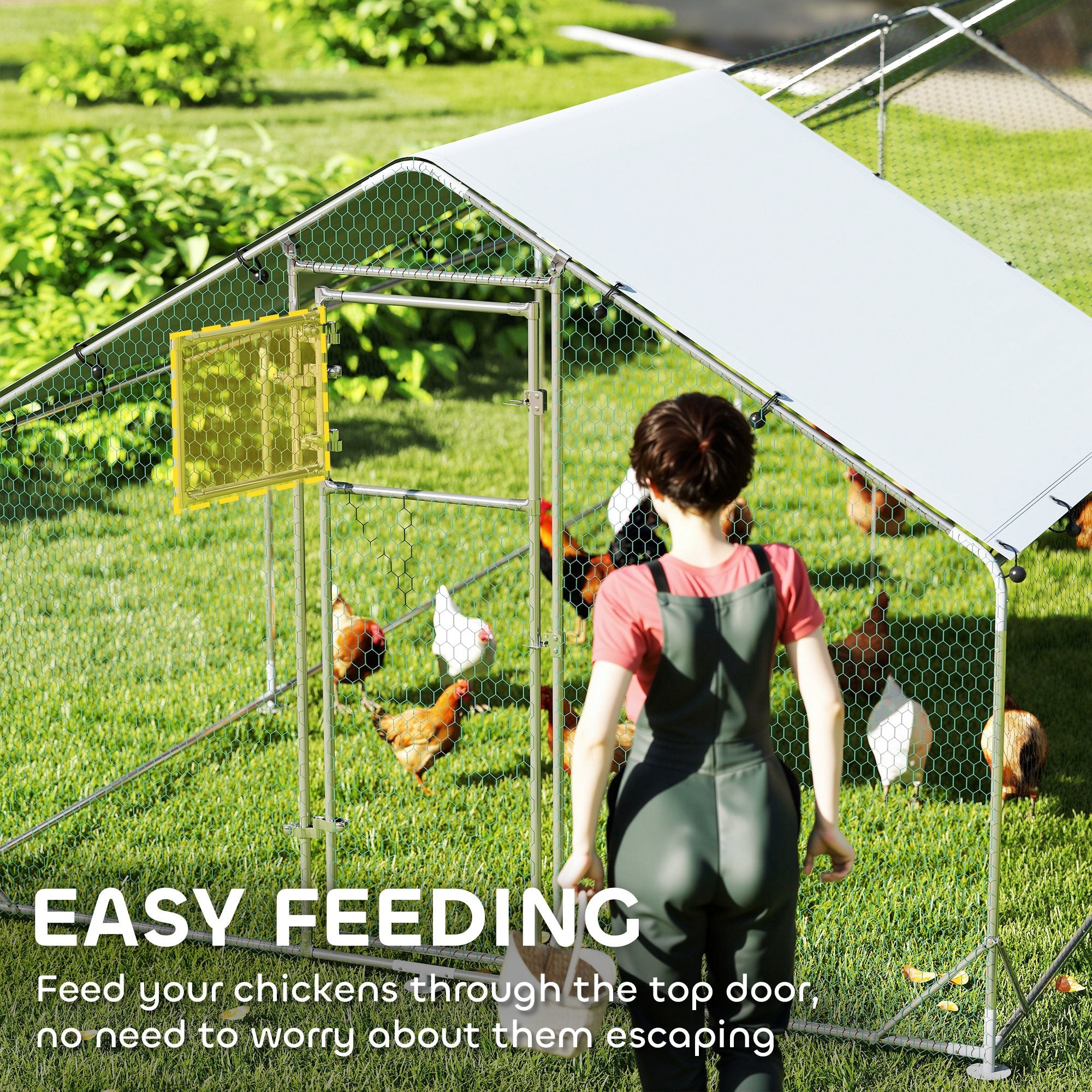 Chicken Run, Large Metal Chicken Coop with Feeding Door, Waterproof & UV-Resistant Cover, Hanging Feeder, Perch, Poultry Cage for Outdoor, Backyard, Farm, for 24-30 Chickens