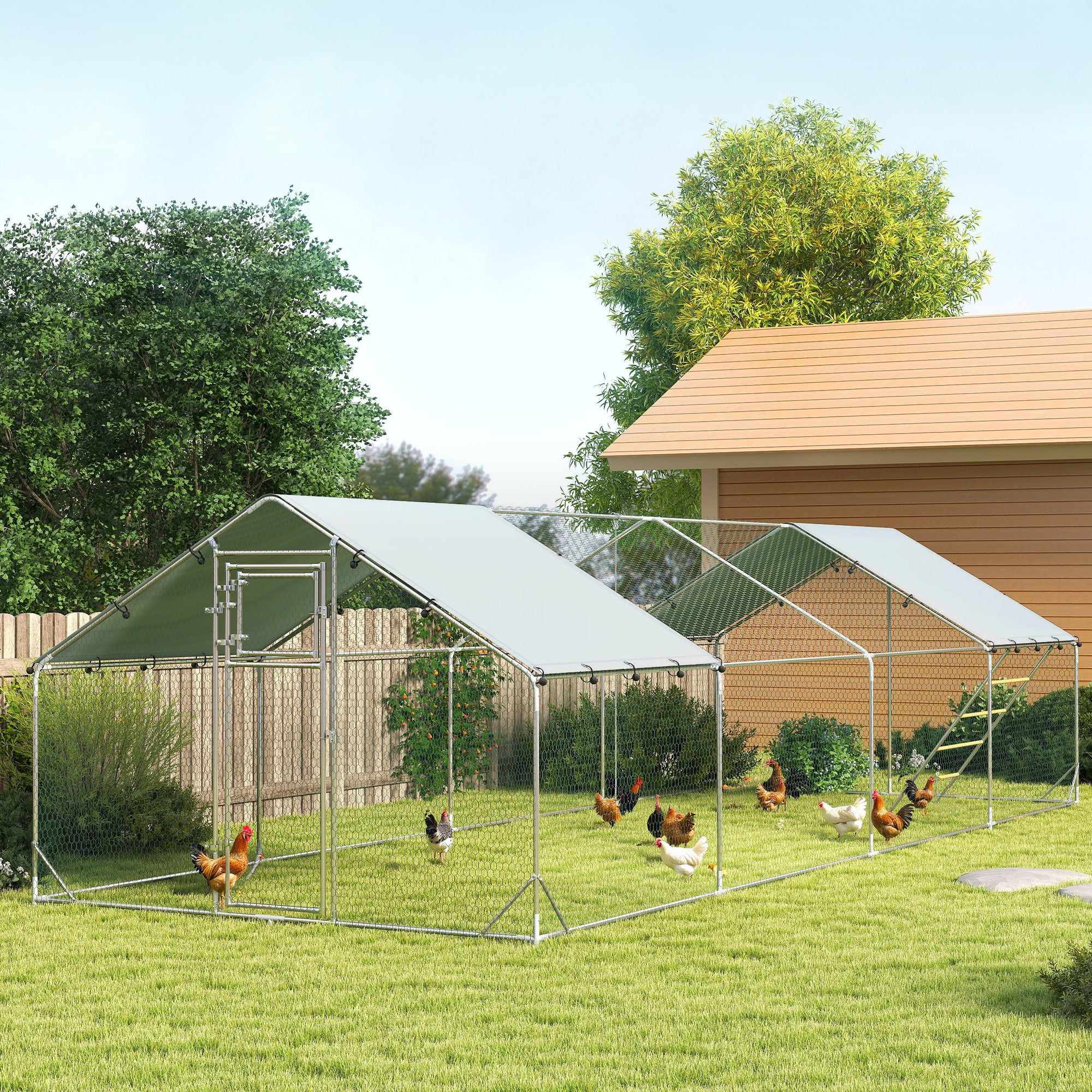 Chicken Run, Large Metal Chicken Coop with Feeding Door, Waterproof & UV-Resistant Cover, Hanging Feeder, Perch, Poultry Cage for Outdoor, Backyard, Farm, for 24-30 Chickens
