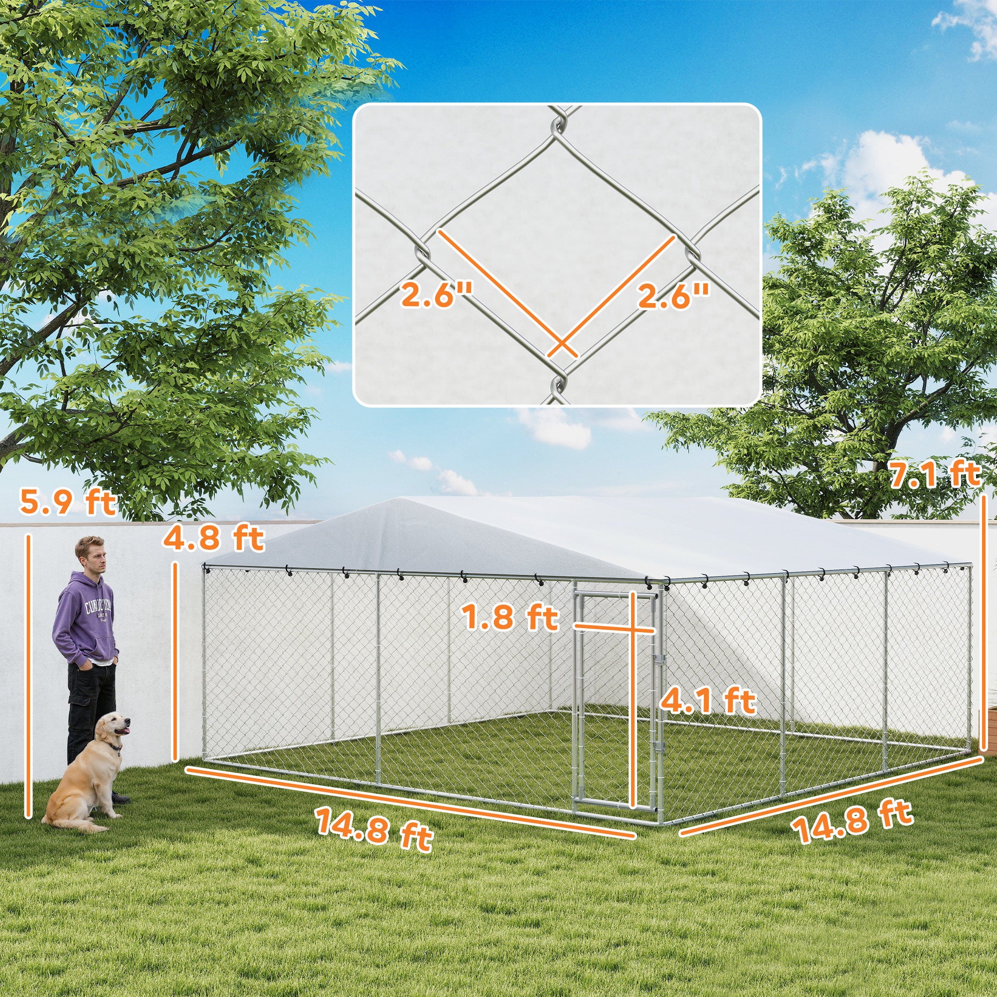 Outdoor Dog Kennel, Heavy Duty Dog Run Outdoor Fence with Waterproof Cover, Galvanized Chain Link, Secure Lock, for Large Breeds, Chickens, Ducks, 15' x 15' x 7'