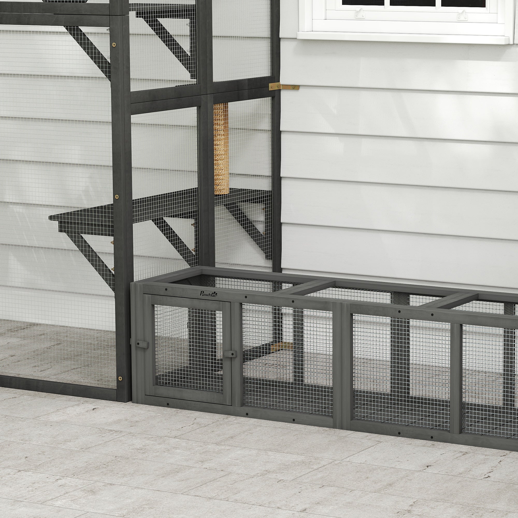 Outdoor Cat Tunnel, 59" Wooden Play Cat Enclosure, Extendable Pet Run with 3 Doors, for Indoor and Outdoor Use, for Kitty, Puppy, Gray