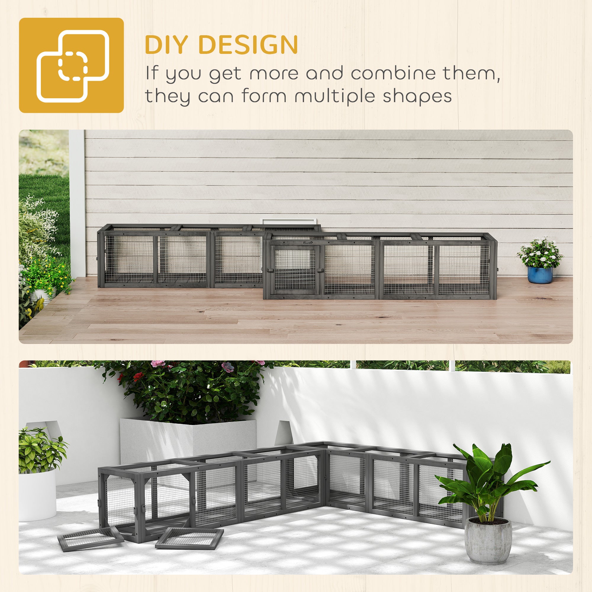 Outdoor Cat Tunnel, 59" Wooden Play Cat Enclosure, Extendable Pet Run with 3 Doors, for Indoor and Outdoor Use, for Kitty, Puppy, Gray
