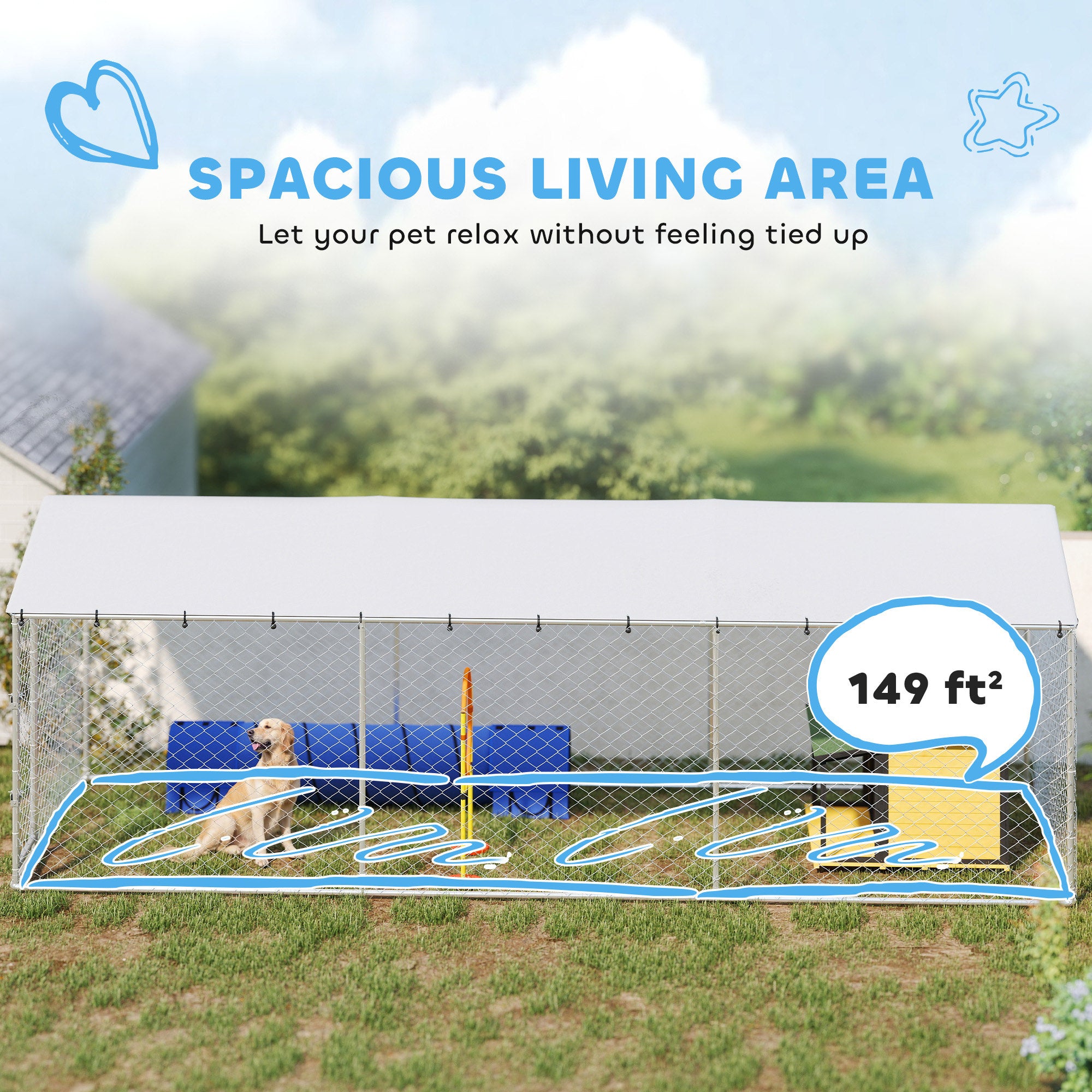 Outdoor Dog Kennel, Heavy Duty Dog Run Outdoor Fence with Waterproof Cover, Galvanized Chain Link, Secure Lock, for Large Breeds, Chickens, Ducks, 20' x 7.5' x 6.5'