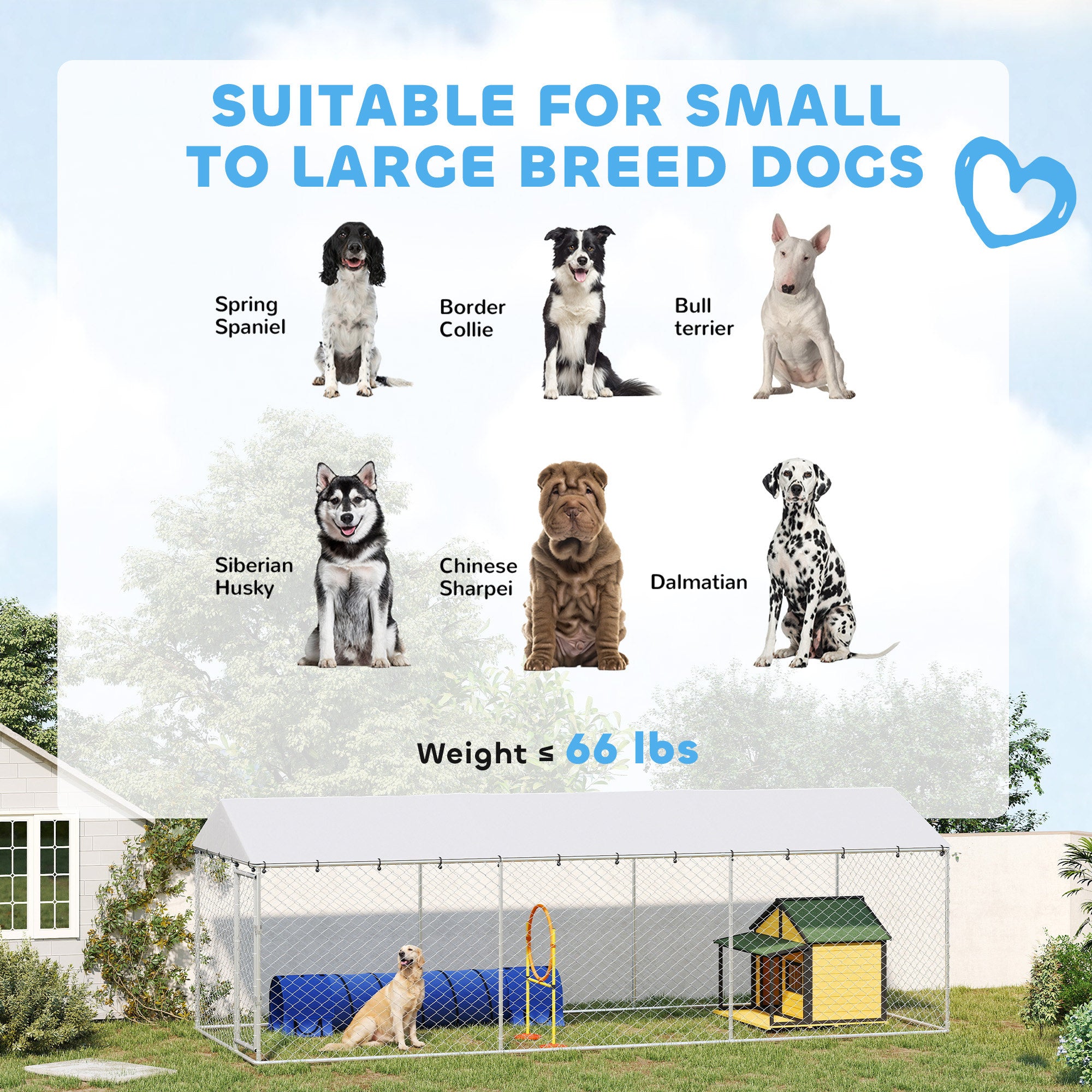 Outdoor Dog Kennel, Heavy Duty Dog Run Outdoor Fence with Waterproof Cover, Galvanized Chain Link, Secure Lock, for Large Breeds, Chickens, Ducks, 20' x 7.5' x 6.5'
