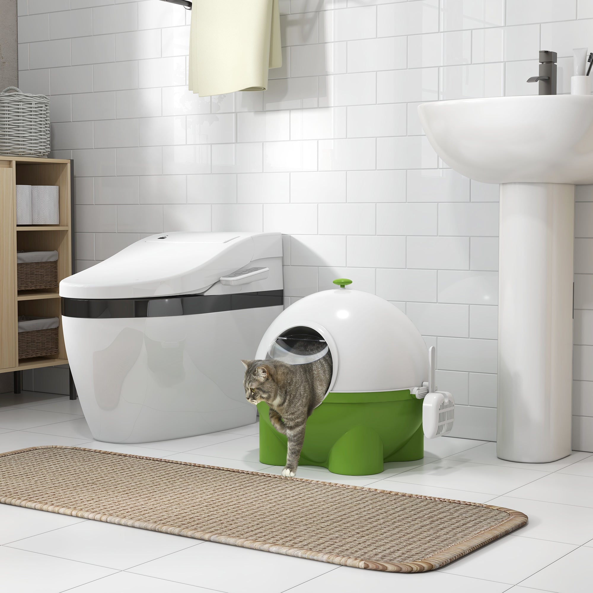 Large Cat Litter Box, Hooded Cat Litter Tray with Lid, Scoop, Top Handle, Front Entrance, 53 x 51 x 48cm - Green